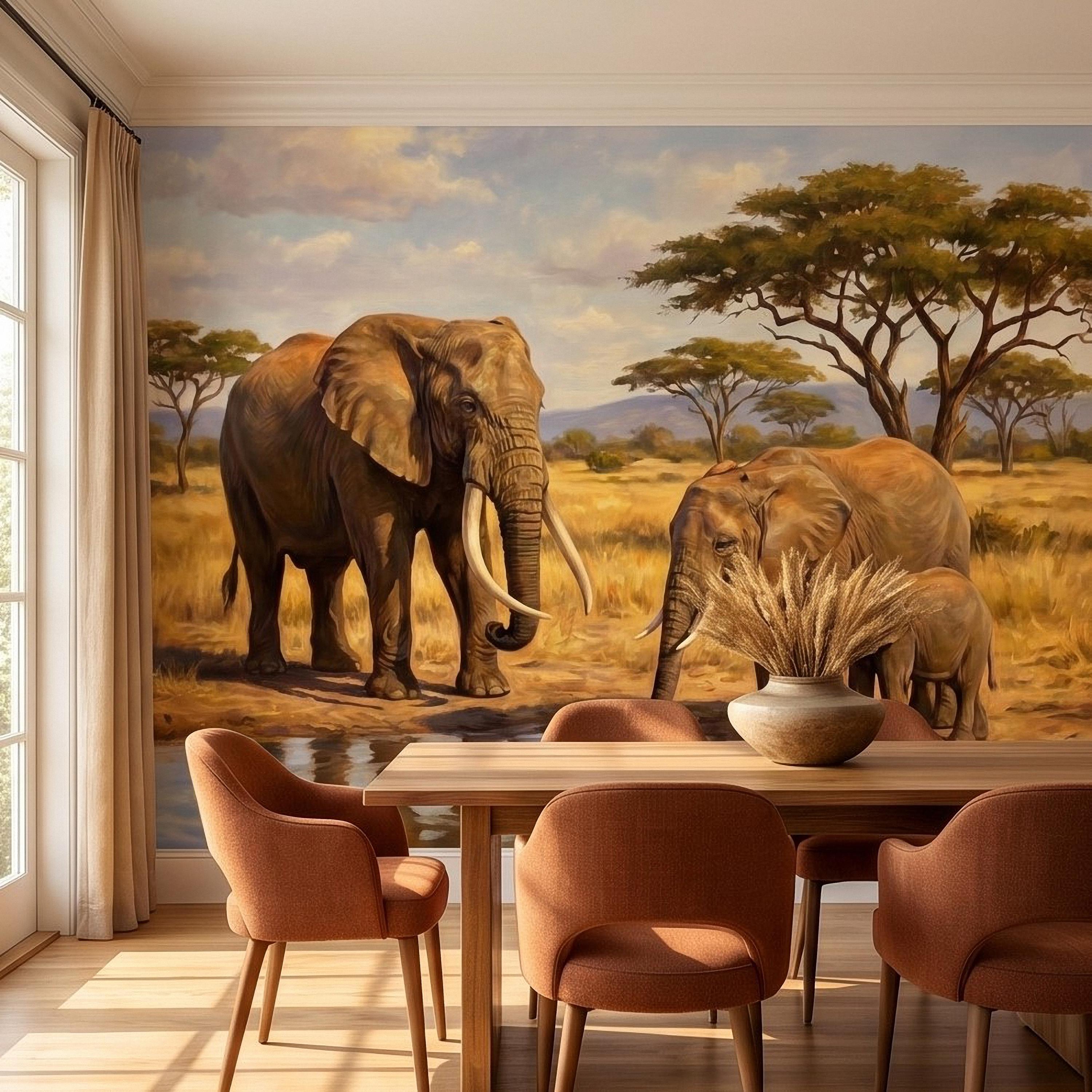 African Elephant Family Peel and Stick Wall Mural, Safari Savanna Watering Hole Acacia Trees, Golden Wildlife Landscape Watercolor Wallpaper