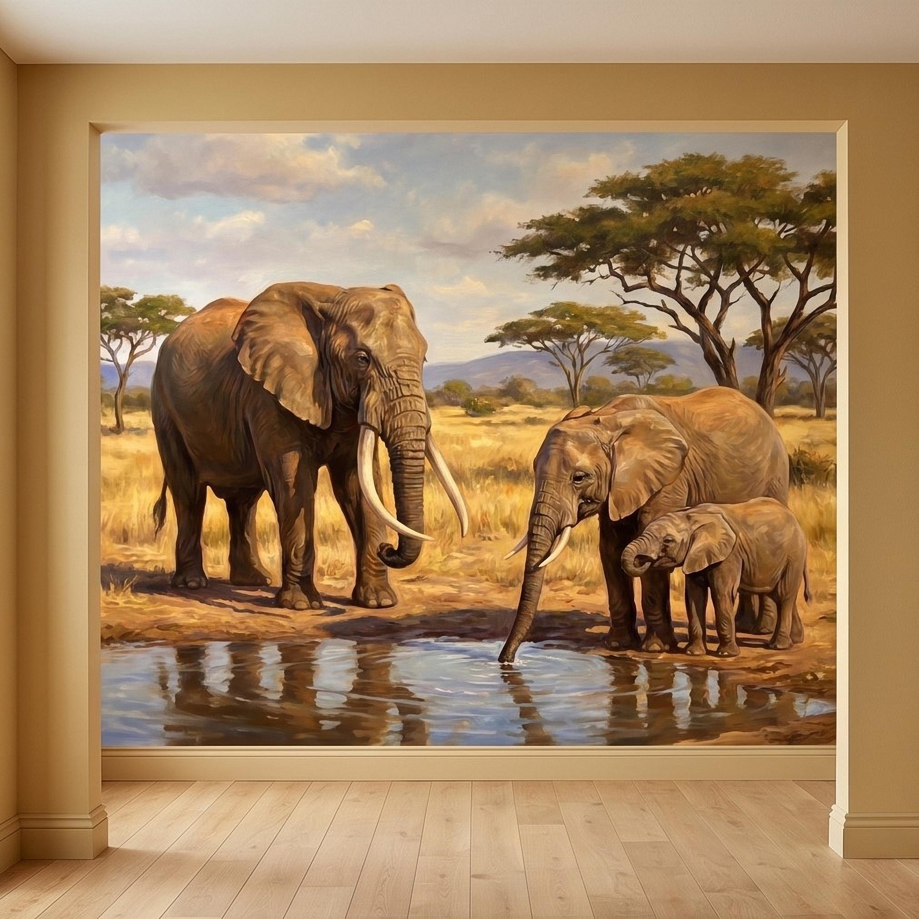 African Elephant Family Peel and Stick Wall Mural, Safari Savanna Watering Hole Acacia Trees, Golden Wildlife Landscape Watercolor Wallpaper