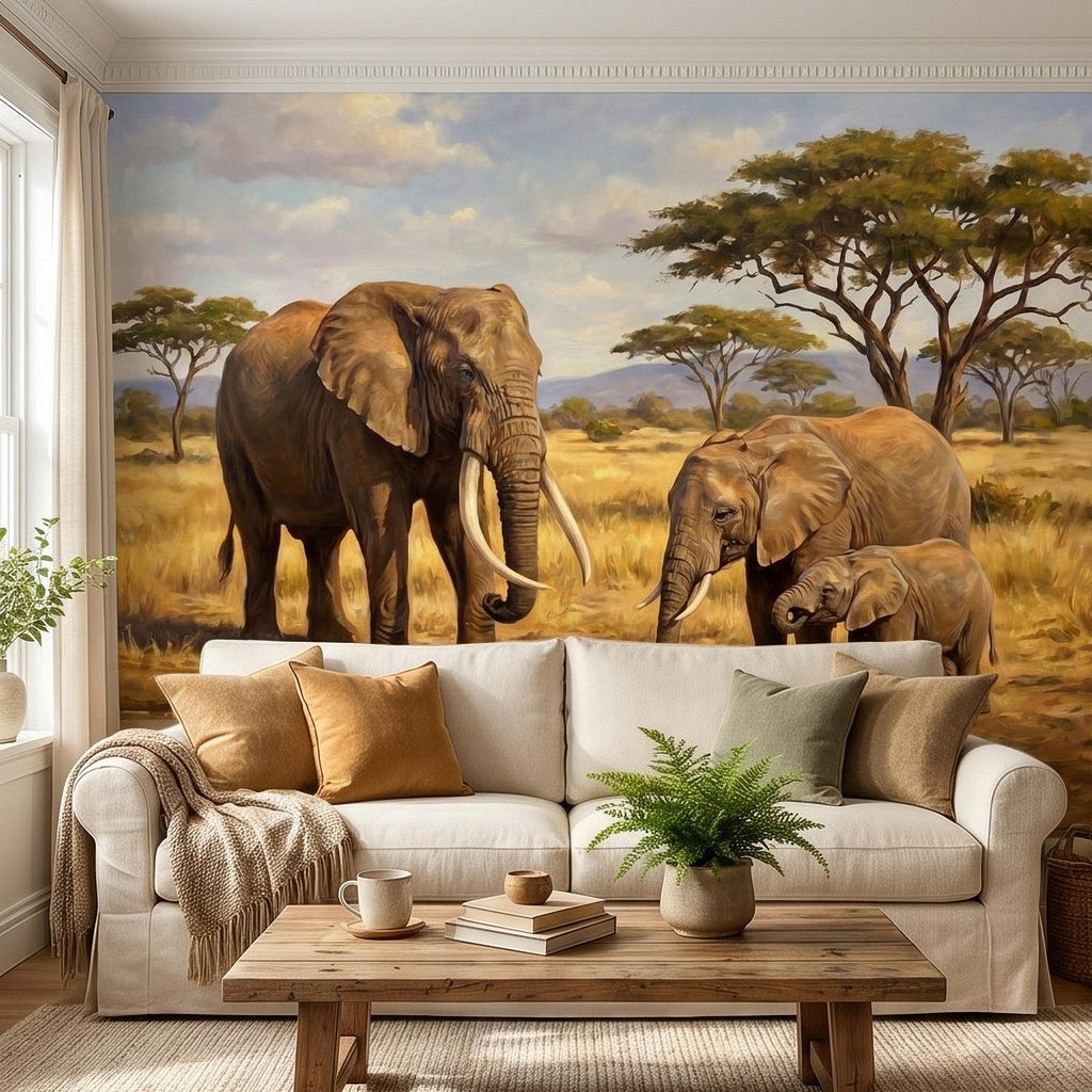 African Elephant Family Peel and Stick Wall Mural, Safari Savanna Watering Hole Acacia Trees, Golden Wildlife Landscape Watercolor Wallpaper