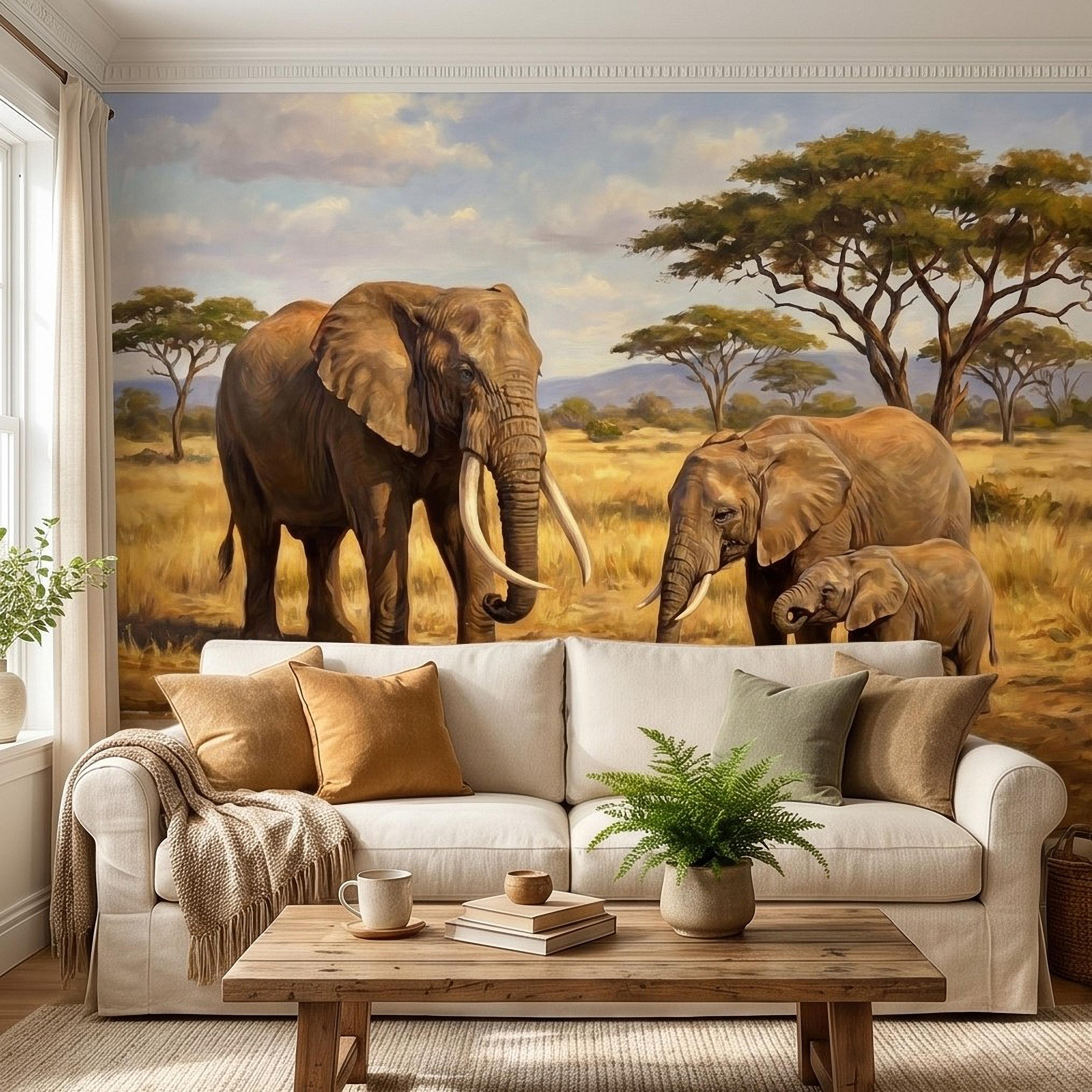 African Elephant Family Peel and Stick Wall Mural, Safari Savanna Watering Hole Acacia Trees, Golden Wildlife Landscape Watercolor Wallpaper