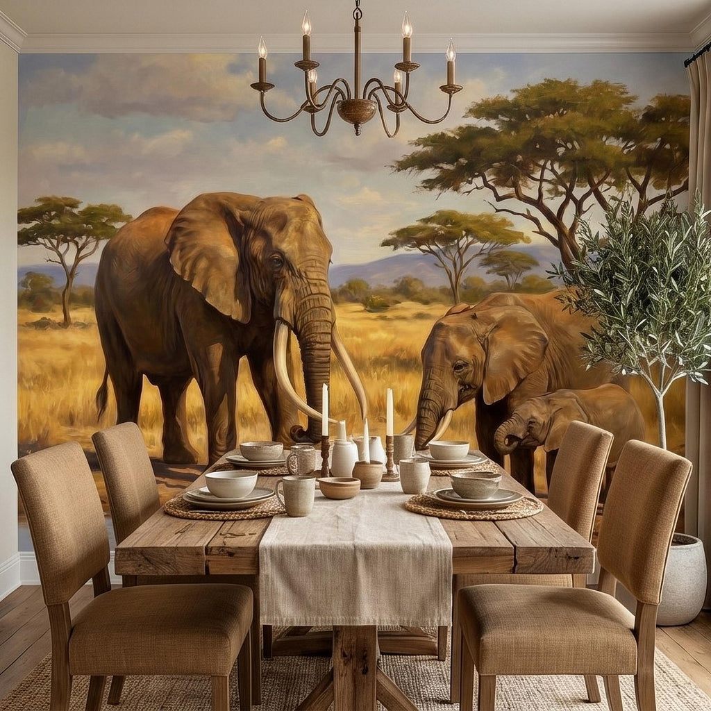 African Elephant Family Peel and Stick Wall Mural, Safari Savanna Watering Hole Acacia Trees, Golden Wildlife Landscape Watercolor Wallpaper
