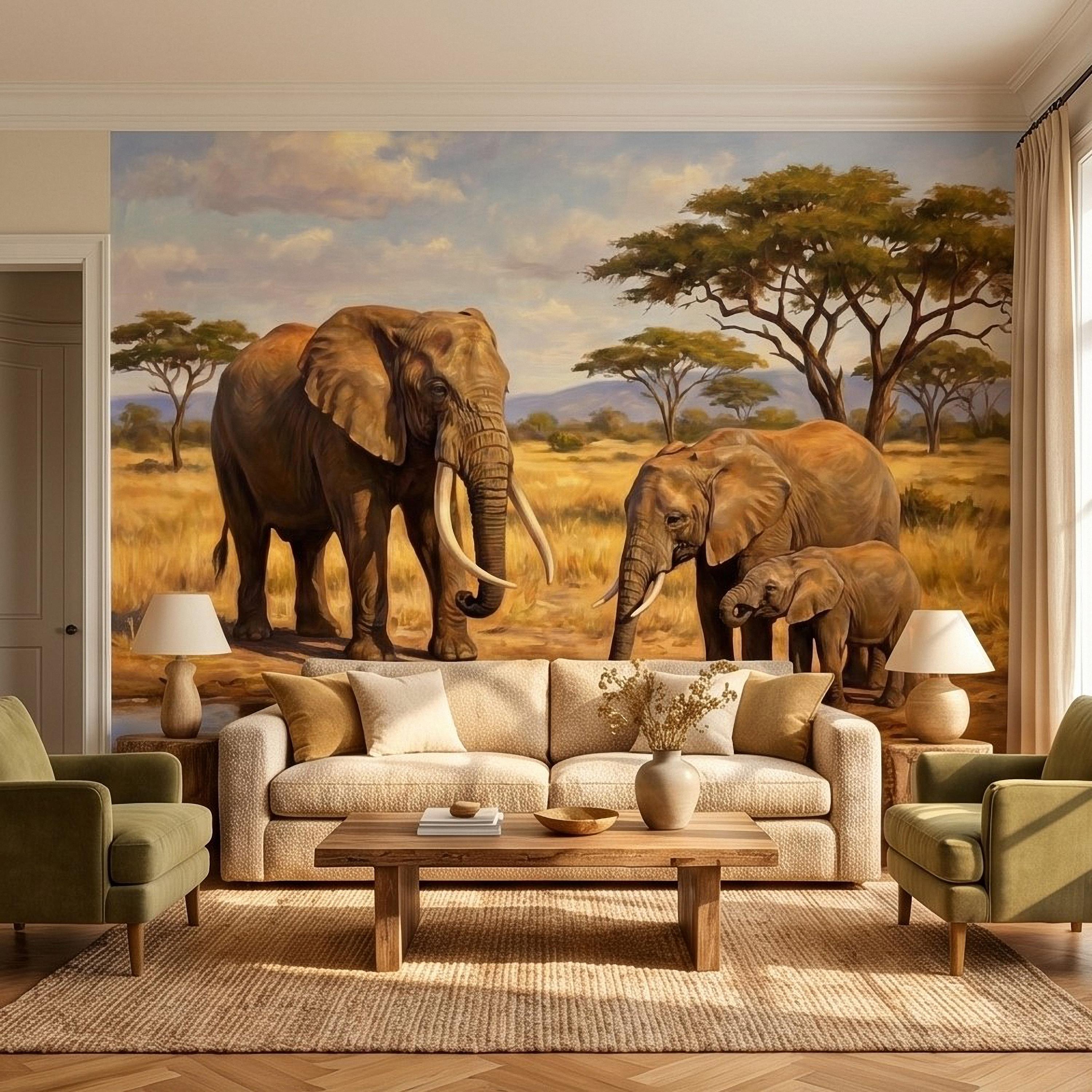African Elephant Family Peel and Stick Wall Mural, Safari Savanna Watering Hole Acacia Trees, Golden Wildlife Landscape Watercolor Wallpaper