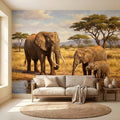 African Elephant Family Peel and Stick Wall Mural, Safari Savanna Watering Hole Acacia Trees, Golden Wildlife Landscape Watercolor Wallpaper