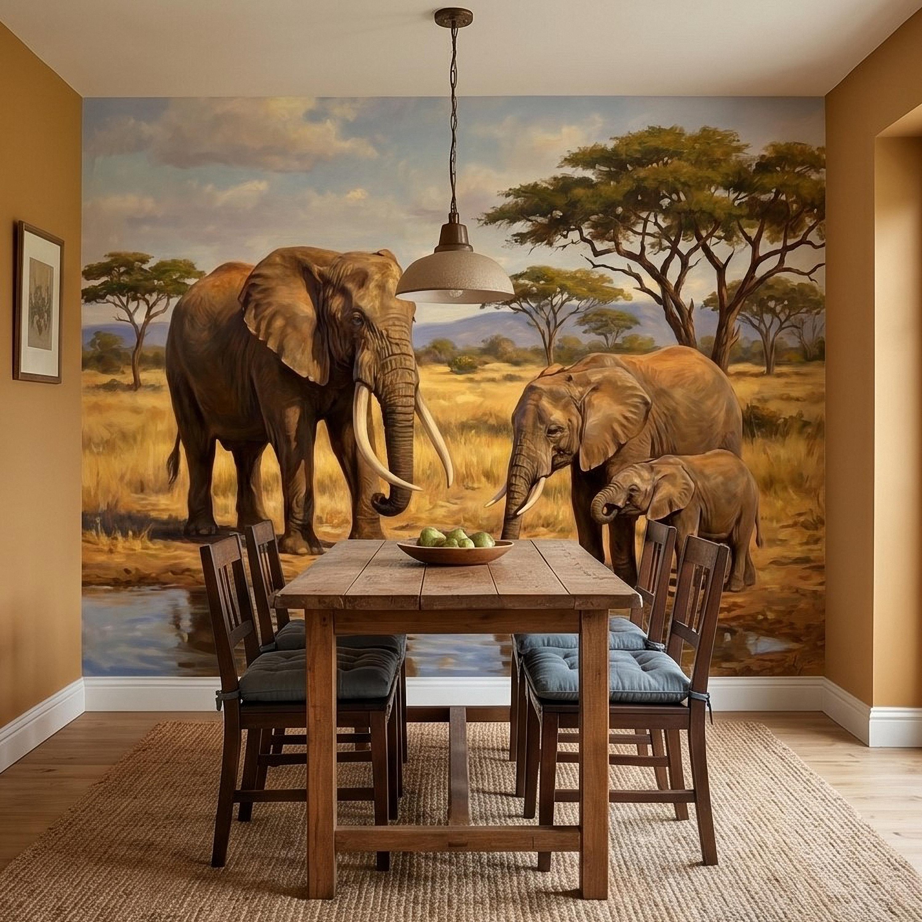 African Elephant Family Peel and Stick Wall Mural, Safari Savanna Watering Hole Acacia Trees, Golden Wildlife Landscape Watercolor Wallpaper