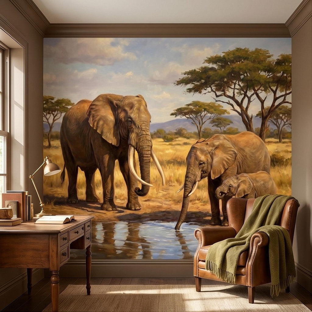 African Elephant Family Peel and Stick Wall Mural, Safari Savanna Watering Hole Acacia Trees, Golden Wildlife Landscape Watercolor Wallpaper