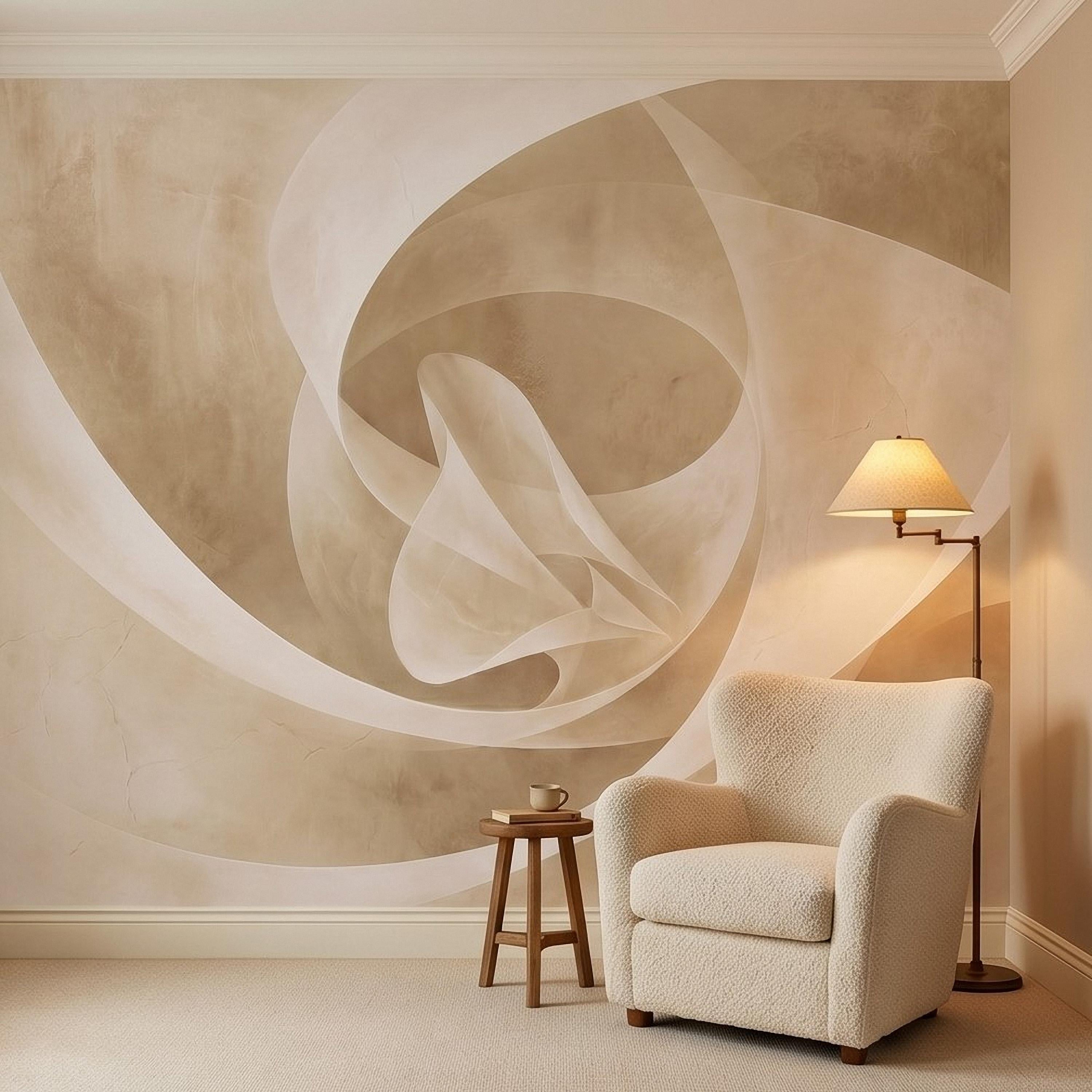 Neutral Abstract Swirl Peel and Stick Wall Mural, Beige Cream Plaster Texture, Minimal Modern Organic Shape, Wabi Sabi Japandi Wallpaper