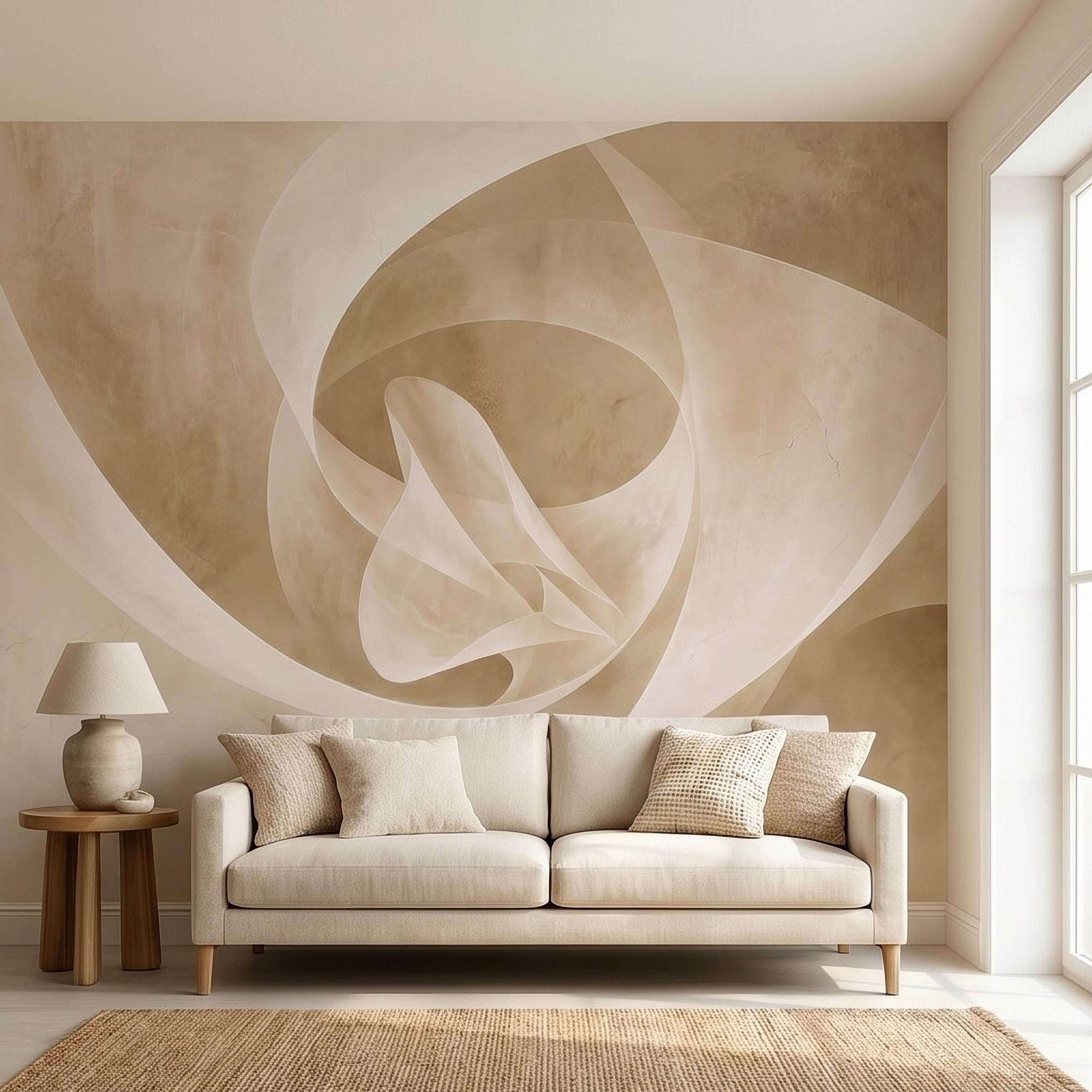Neutral Abstract Swirl Peel and Stick Wall Mural, Beige Cream Plaster Texture, Minimal Modern Organic Shape, Wabi Sabi Japandi Wallpaper