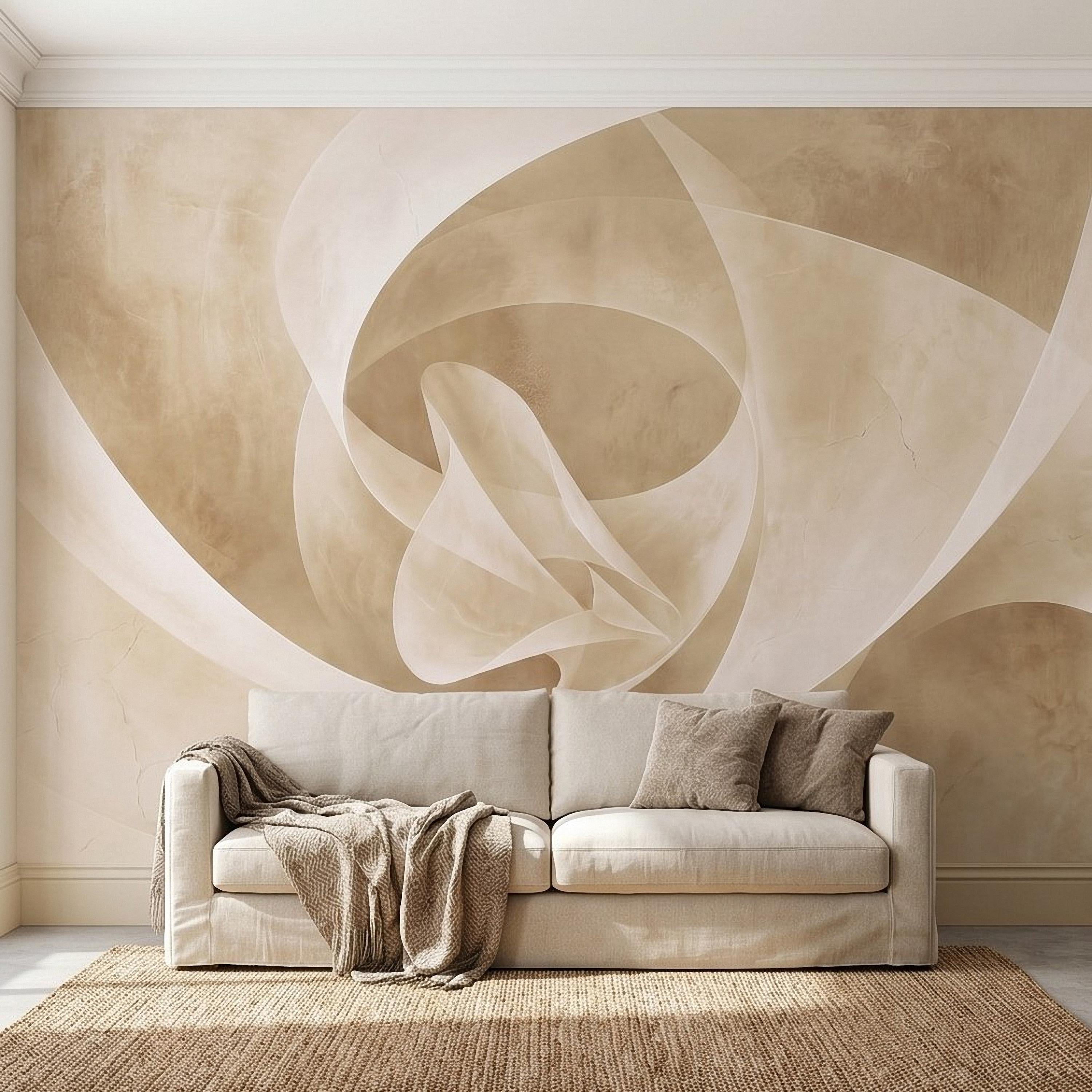Neutral Abstract Swirl Peel and Stick Wall Mural, Beige Cream Plaster Texture, Minimal Modern Organic Shape, Wabi Sabi Japandi Wallpaper