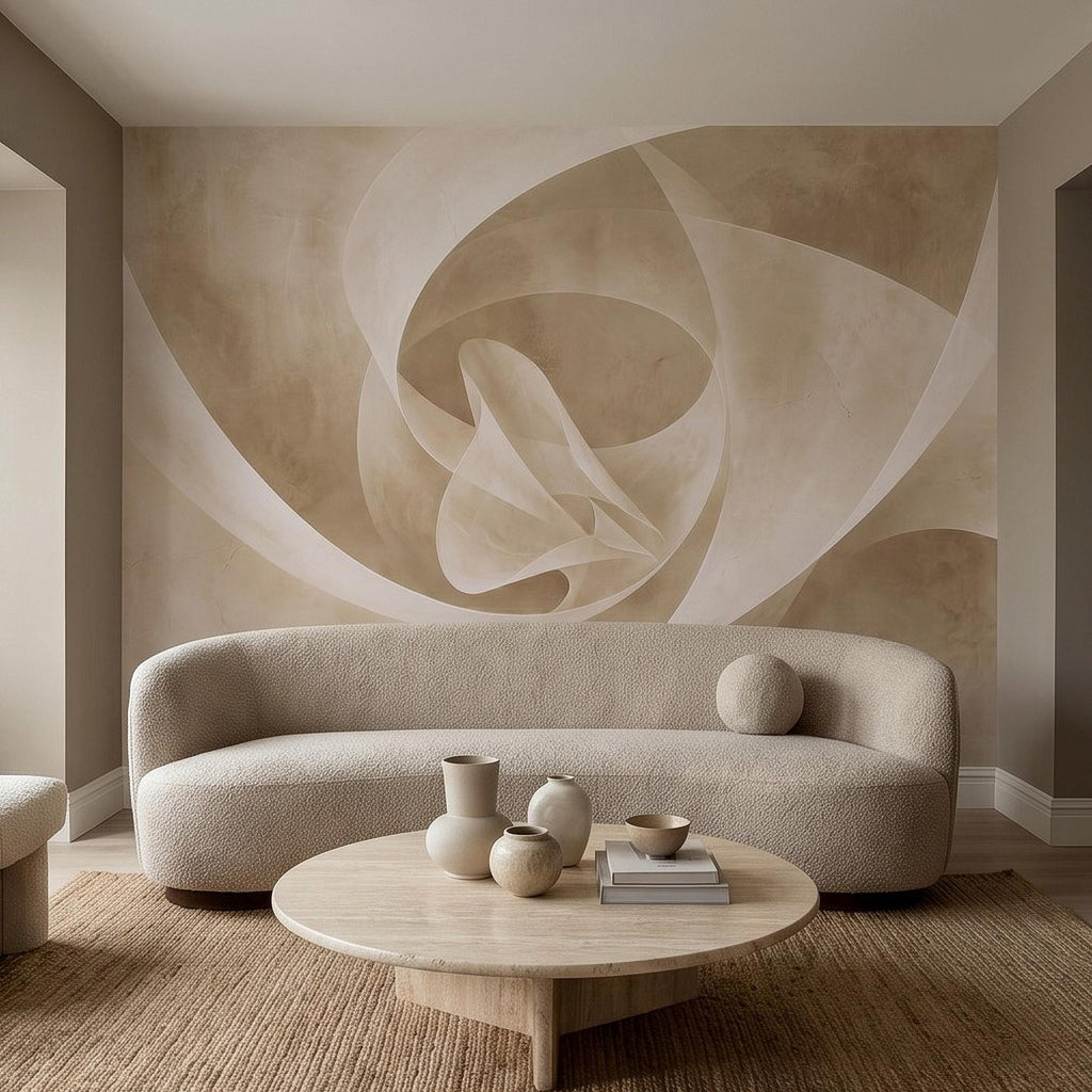 Neutral Abstract Swirl Peel and Stick Wall Mural, Beige Cream Plaster Texture, Minimal Modern Organic Shape, Wabi Sabi Japandi Wallpaper