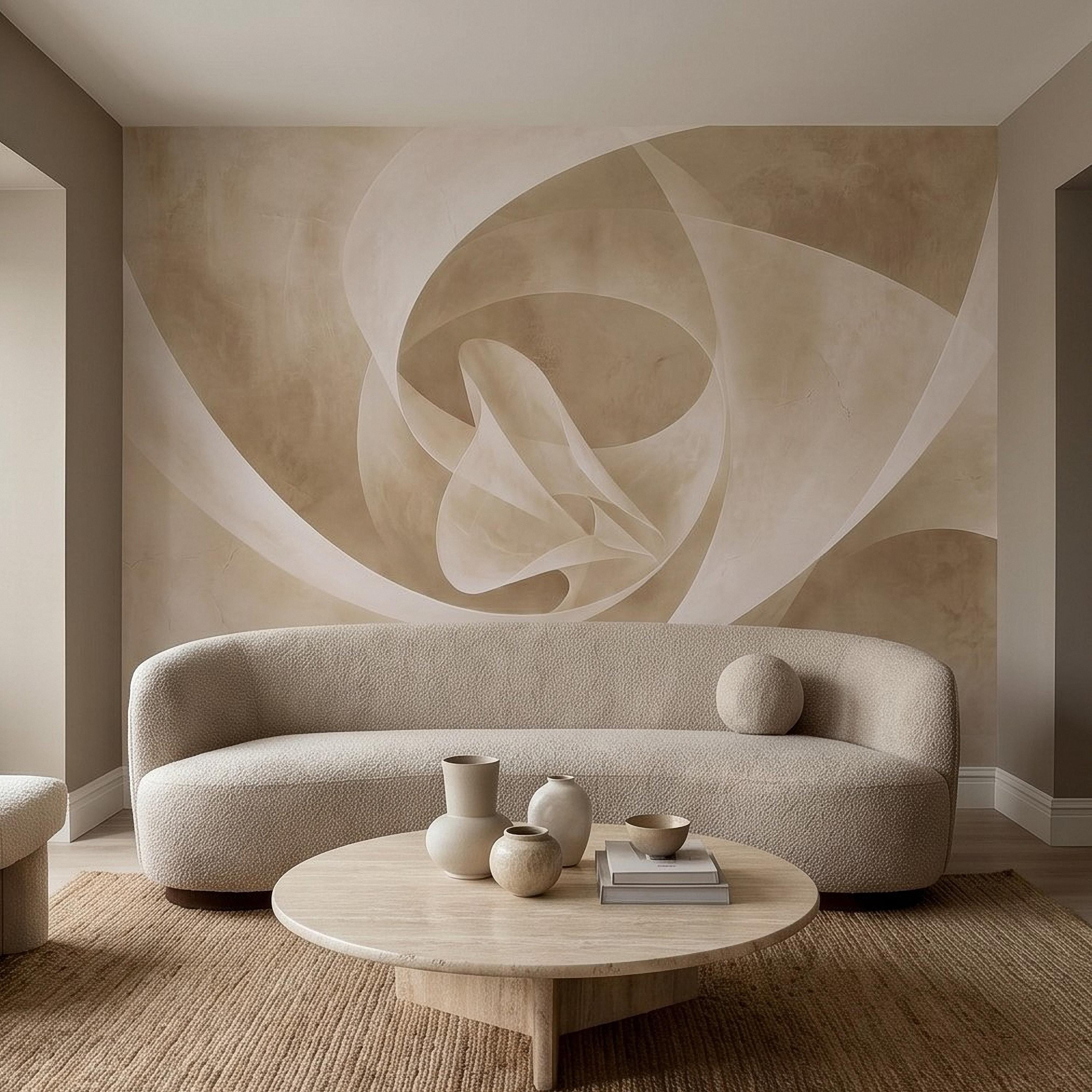 Neutral Abstract Swirl Peel and Stick Wall Mural, Beige Cream Plaster Texture, Minimal Modern Organic Shape, Wabi Sabi Japandi Wallpaper