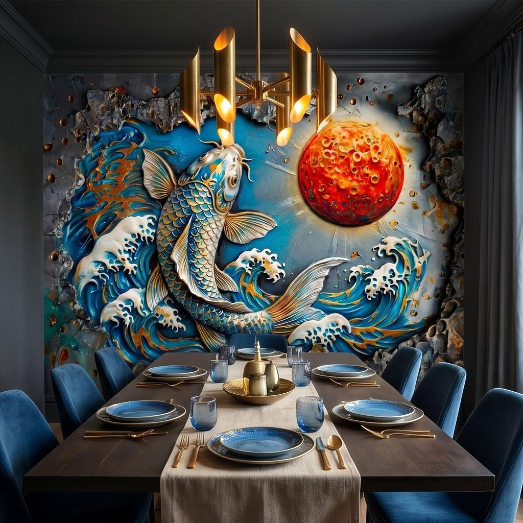 Japanese Koi Fish Peel and Stick Wall Mural, 3D Ocean Waves with Red Moon, Blue White Splash Textured Relief Modern Asian Style Wallpaper