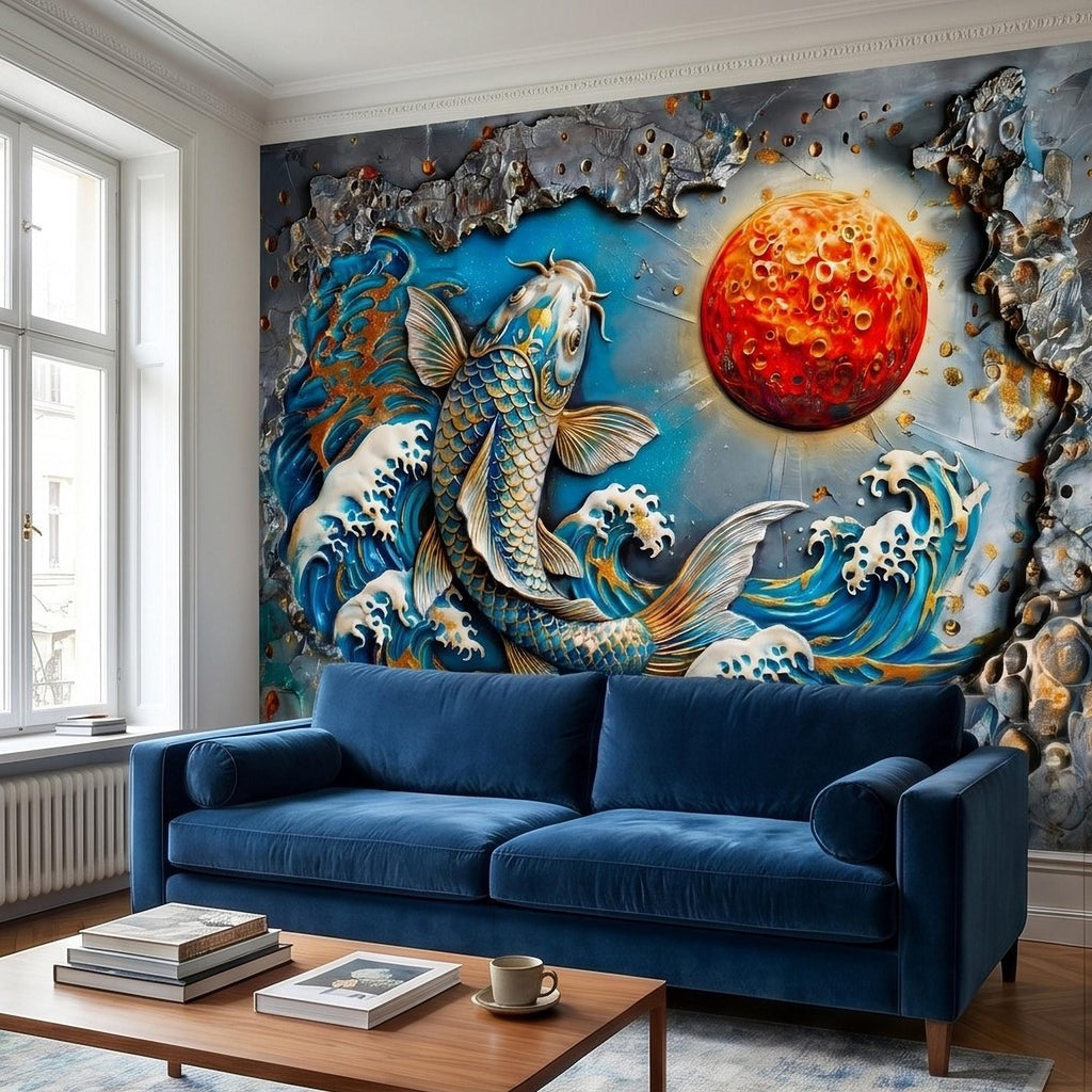 Japanese Koi Fish Peel and Stick Wall Mural, 3D Ocean Waves with Red Moon, Blue White Splash Textured Relief Modern Asian Style Wallpaper