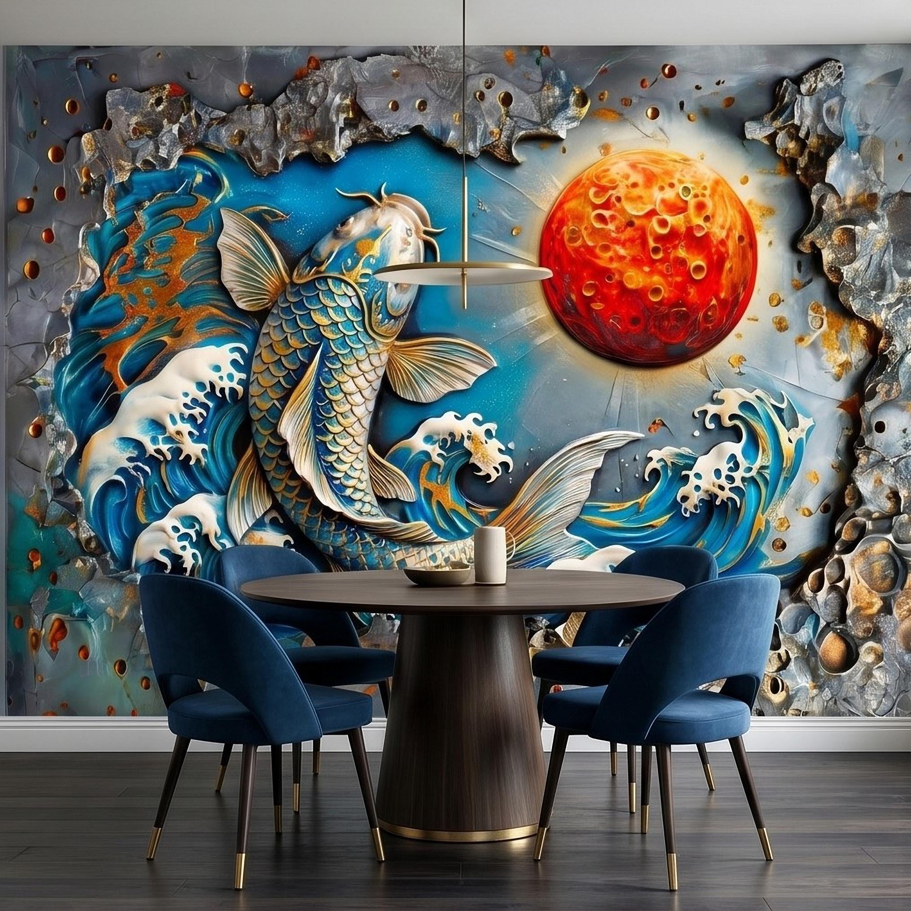 Japanese Koi Fish Peel and Stick Wall Mural, 3D Ocean Waves with Red Moon, Blue White Splash Textured Relief Modern Asian Style Wallpaper