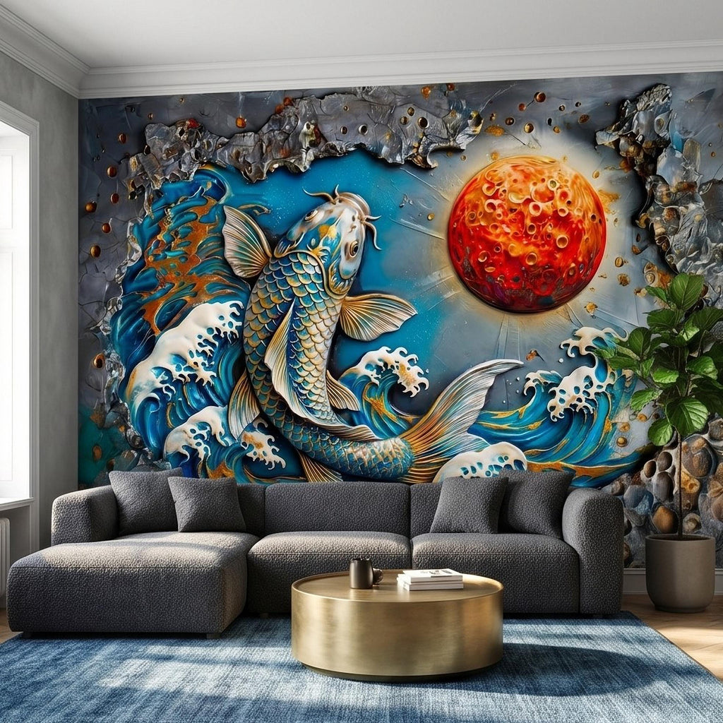 Japanese Koi Fish Peel and Stick Wall Mural, 3D Ocean Waves with Red Moon, Blue White Splash Textured Relief Modern Asian Style Wallpaper