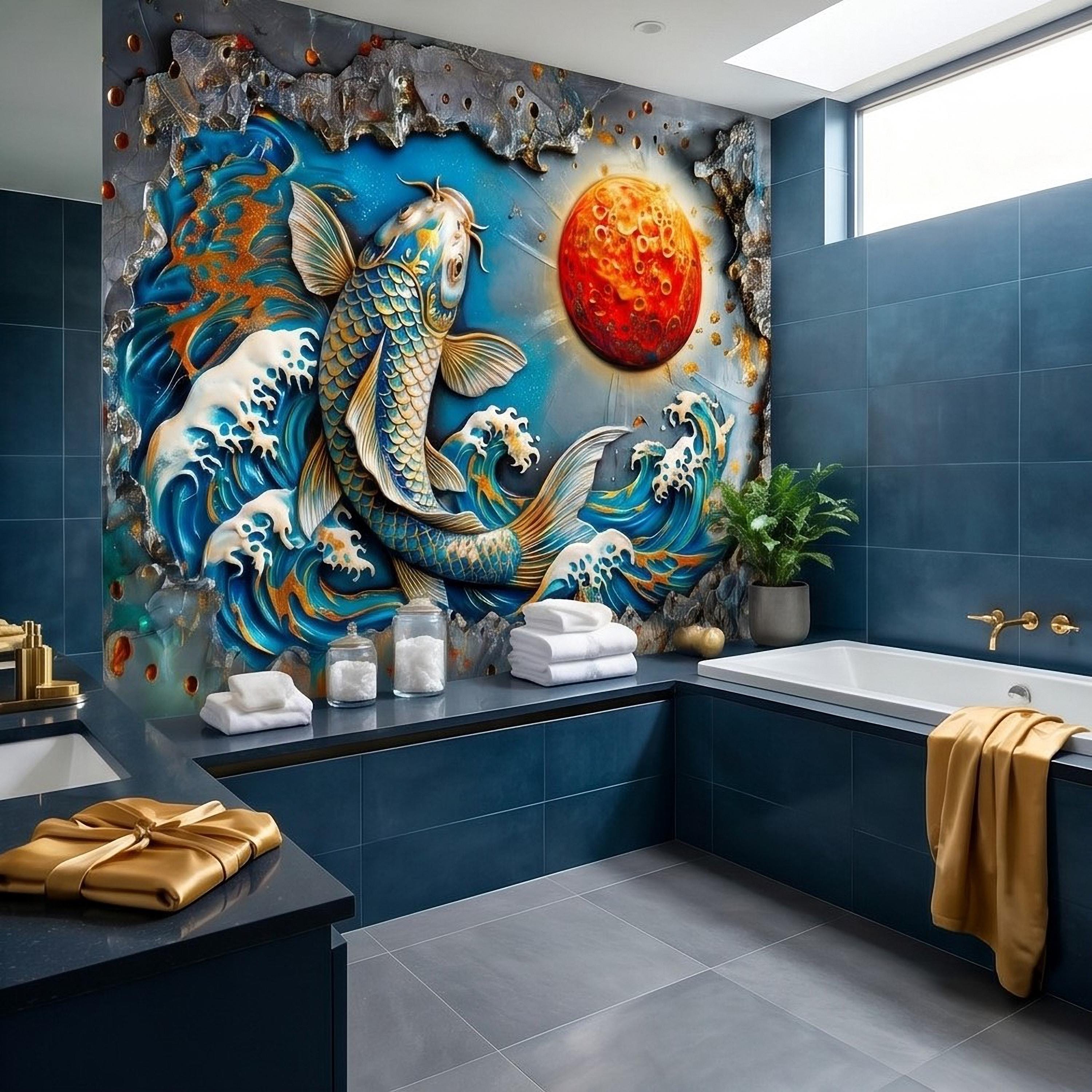 Japanese Koi Fish Peel and Stick Wall Mural, 3D Ocean Waves with Red Moon, Blue White Splash Textured Relief Modern Asian Style Wallpaper