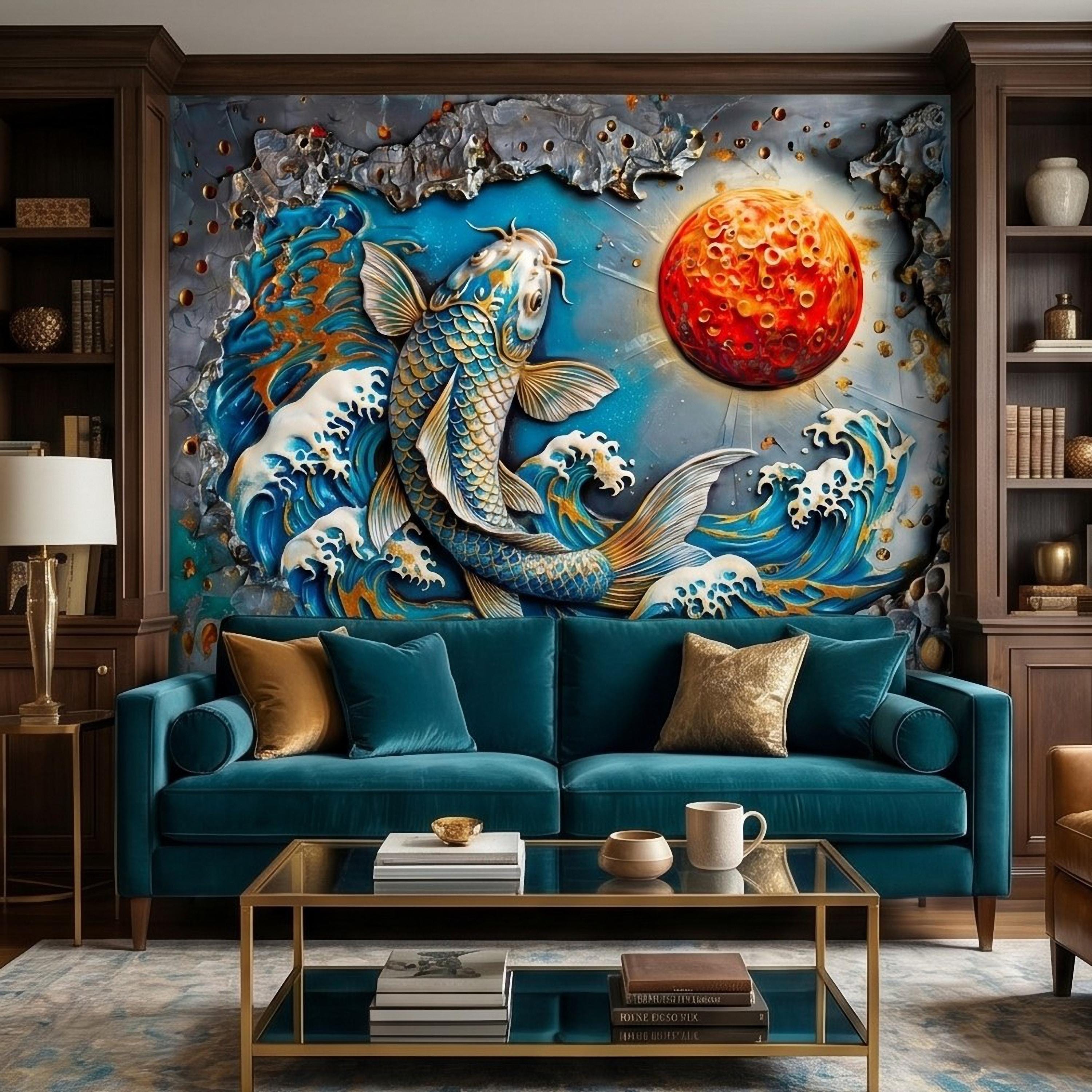 Japanese Koi Fish Peel and Stick Wall Mural, 3D Ocean Waves with Red Moon, Blue White Splash Textured Relief Modern Asian Style Wallpaper