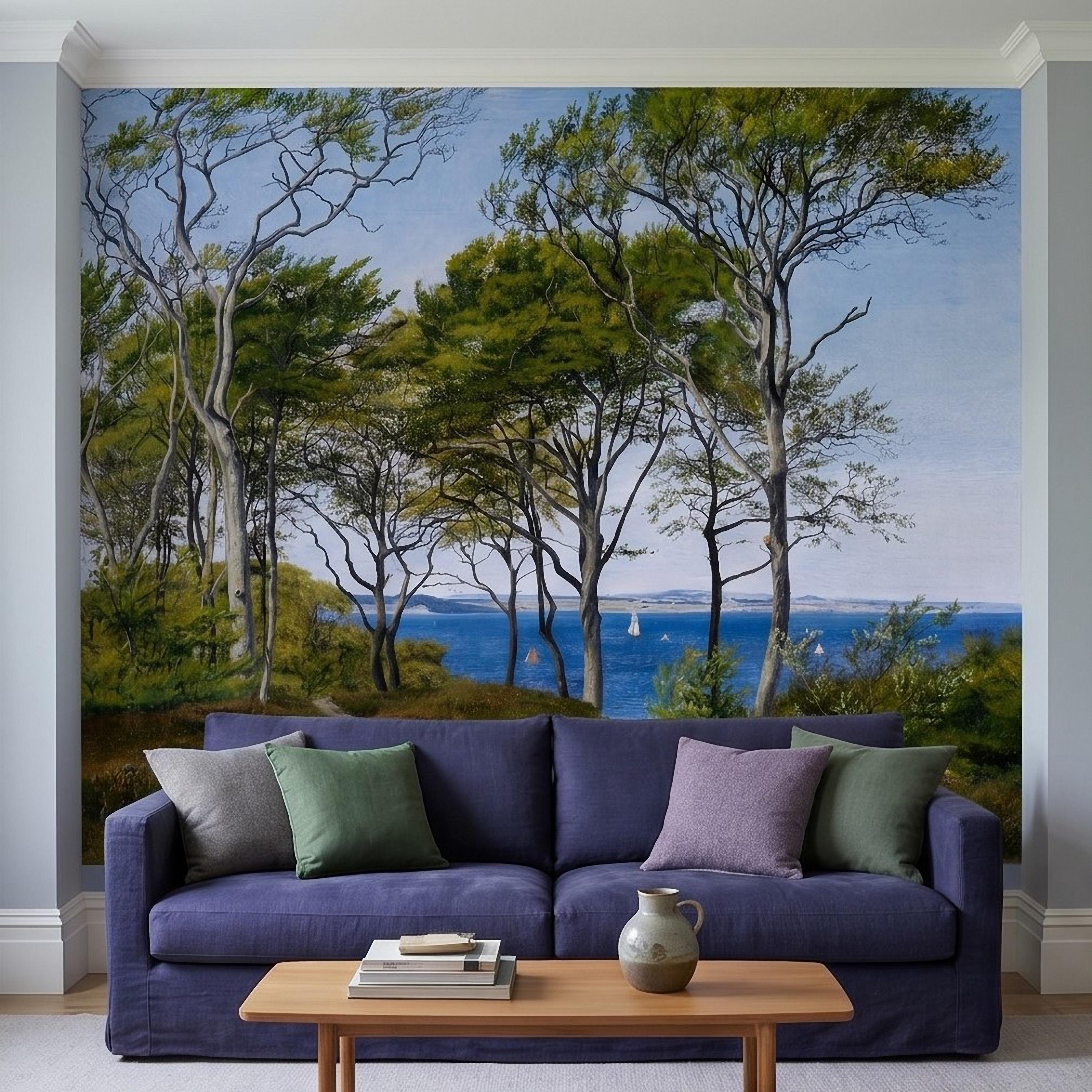 Coastal Forest Seaside Peel and Stick Wall Mural, Blue Ocean Seascape with Sailboats, Trees Path Landscape, Calm Nordic Summer Sky Wallpaper