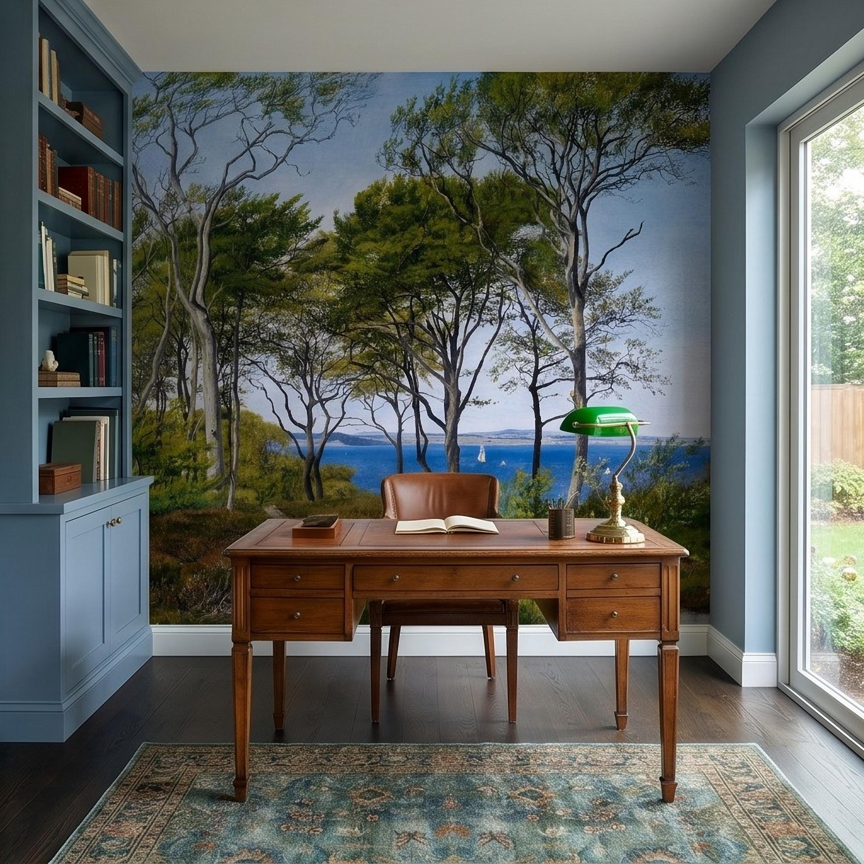 Coastal Forest Seaside Peel and Stick Wall Mural, Blue Ocean Seascape with Sailboats, Trees Path Landscape, Calm Nordic Summer Sky Wallpaper