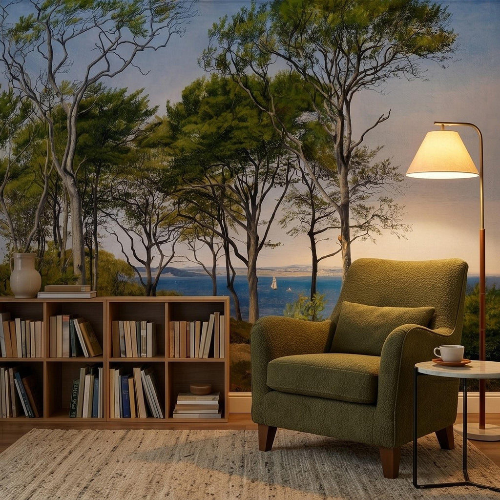 Coastal Forest Seaside Peel and Stick Wall Mural, Blue Ocean Seascape with Sailboats, Trees Path Landscape, Calm Nordic Summer Sky Wallpaper