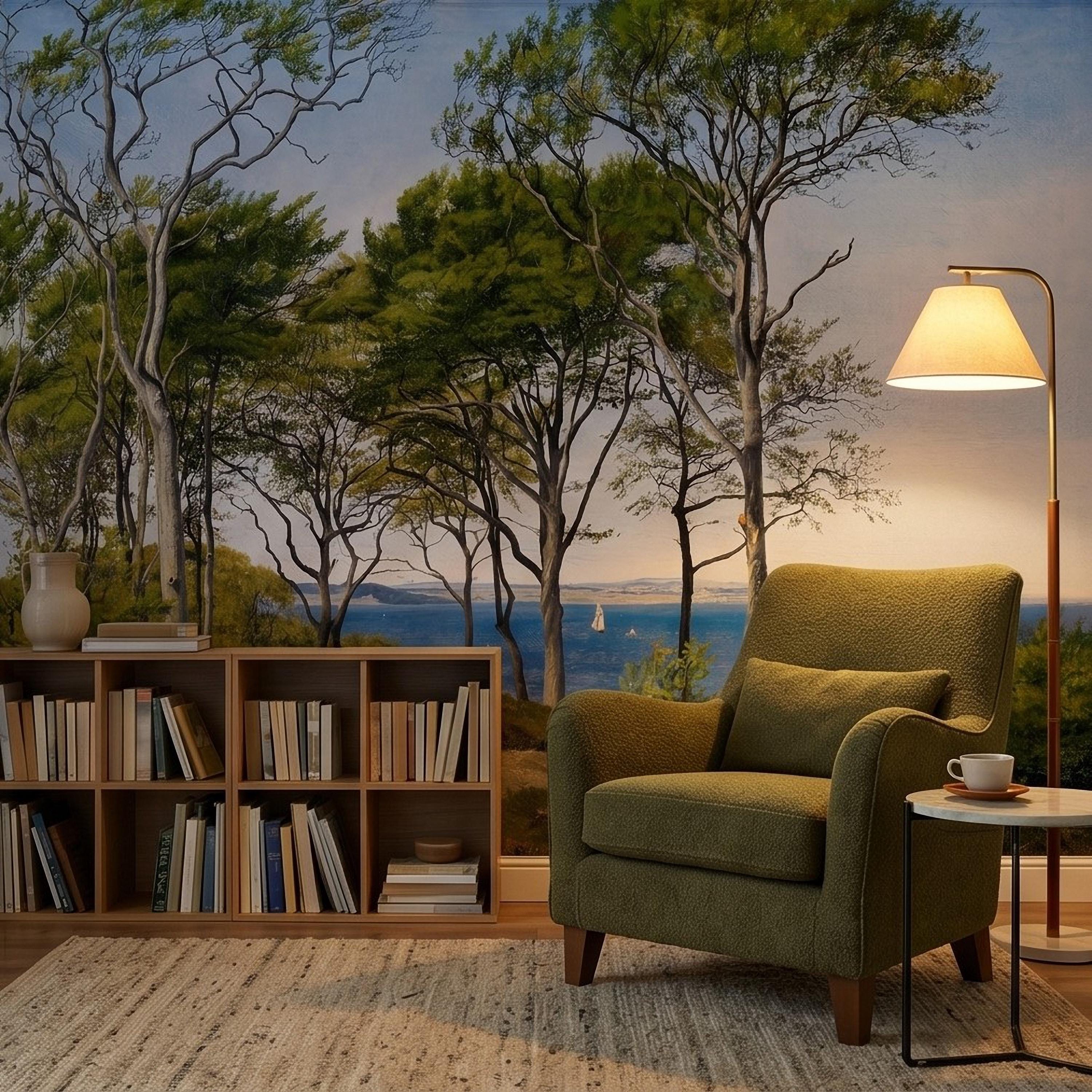 Coastal Forest Seaside Peel and Stick Wall Mural, Blue Ocean Seascape with Sailboats, Trees Path Landscape, Calm Nordic Summer Sky Wallpaper