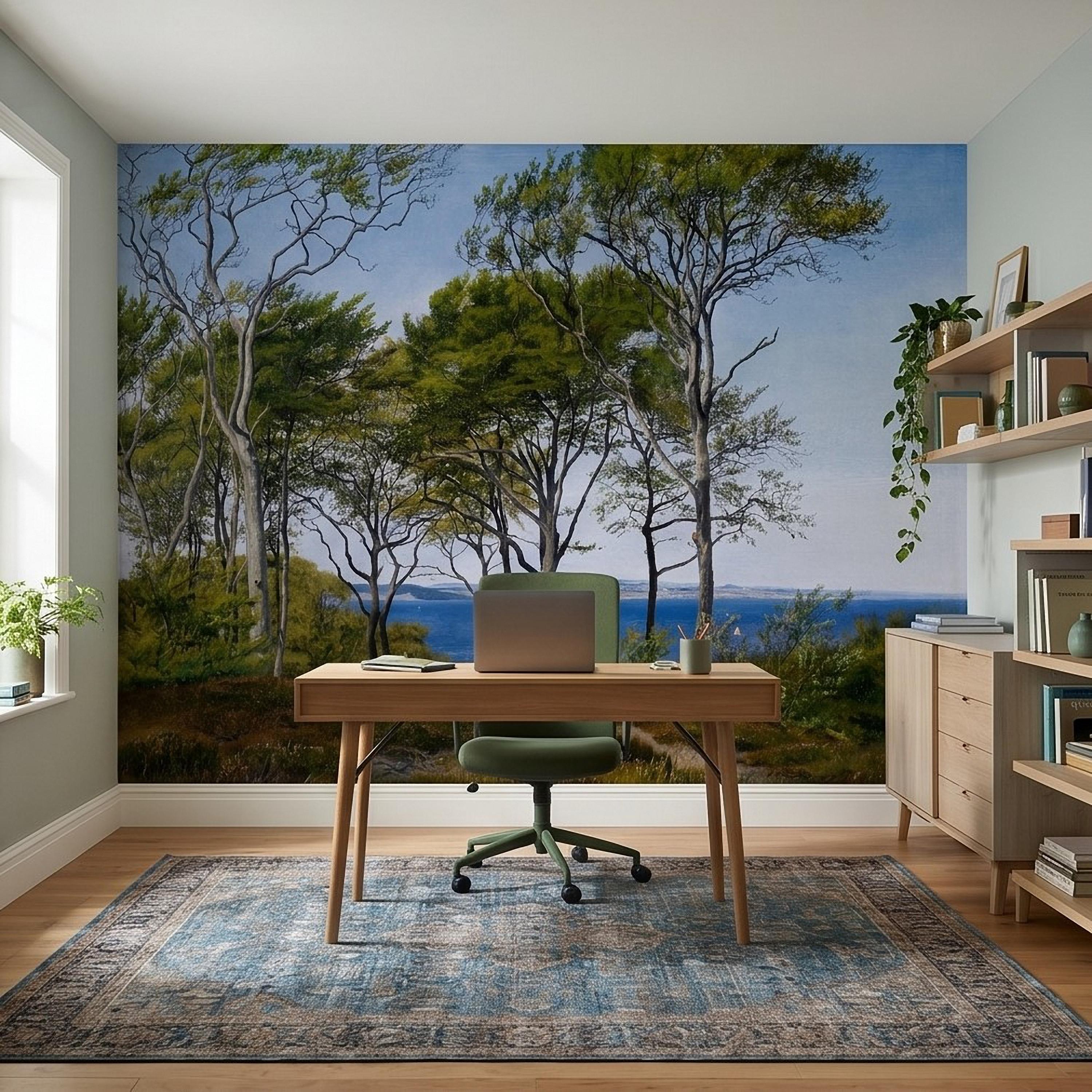 Coastal Forest Seaside Peel and Stick Wall Mural, Blue Ocean Seascape with Sailboats, Trees Path Landscape, Calm Nordic Summer Sky Wallpaper