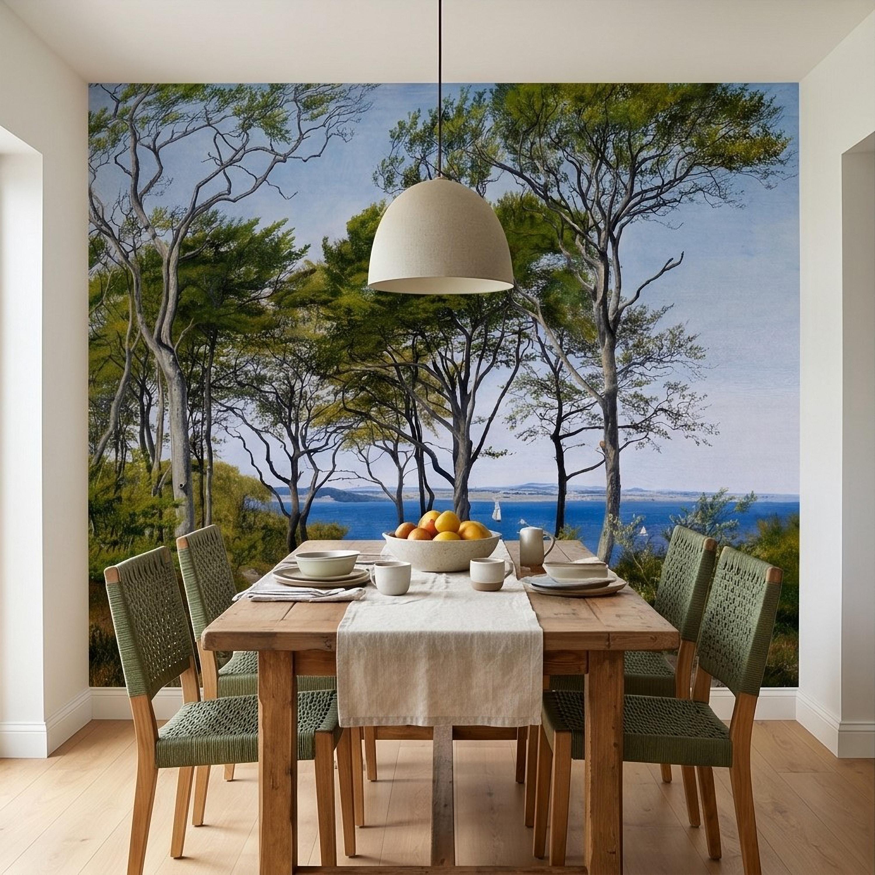Coastal Forest Seaside Peel and Stick Wall Mural, Blue Ocean Seascape with Sailboats, Trees Path Landscape, Calm Nordic Summer Sky Wallpaper