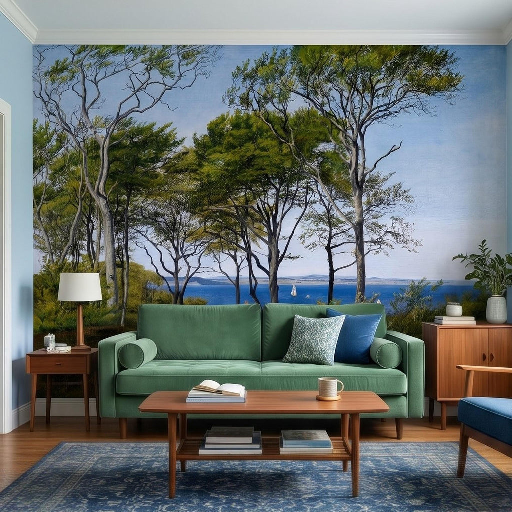Coastal Forest Seaside Peel and Stick Wall Mural, Blue Ocean Seascape with Sailboats, Trees Path Landscape, Calm Nordic Summer Sky Wallpaper