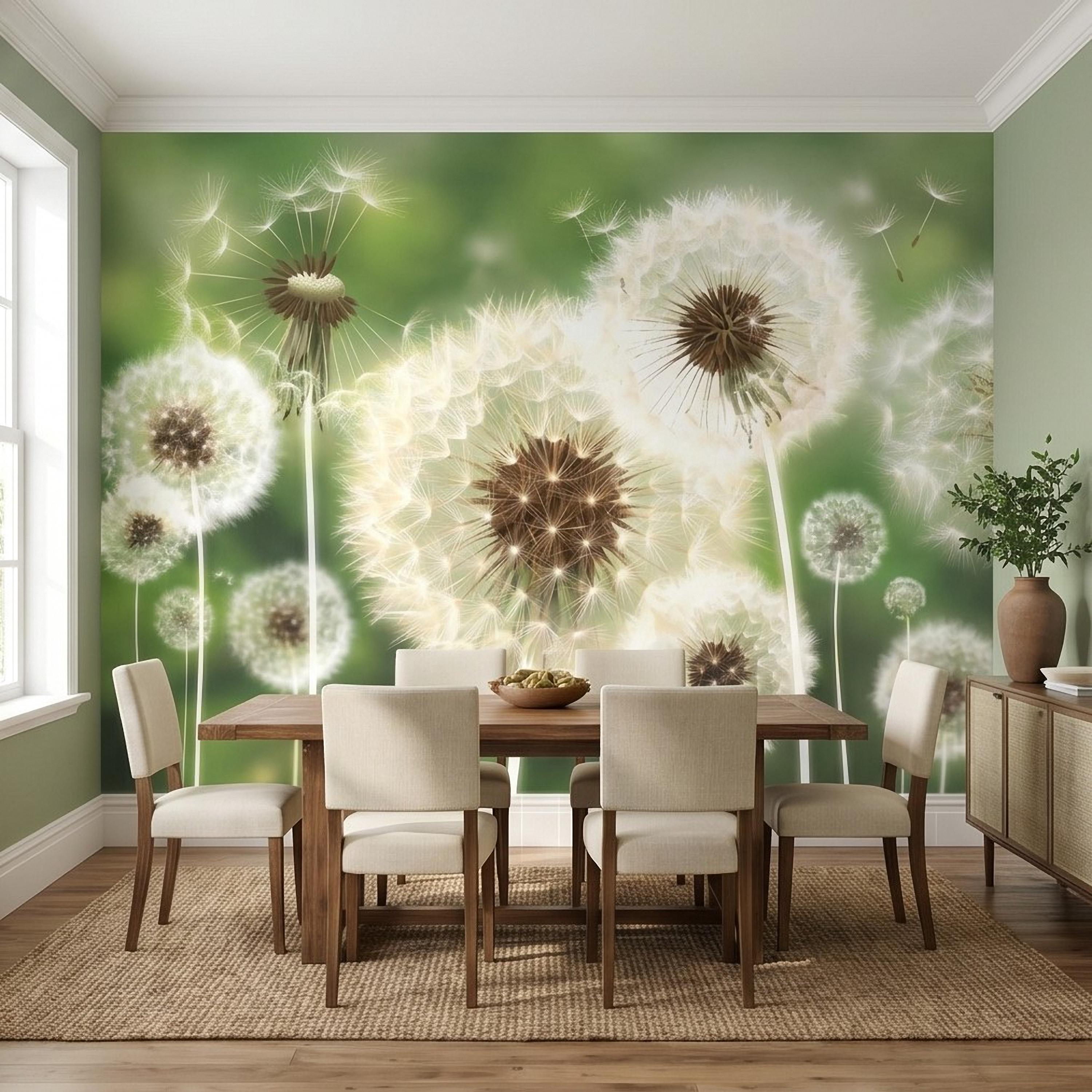Dandelion Seeds Peel and Stick Wall Mural, Soft Green Nature Background, White Puff Flowers Close Up, Spring Botanical Wallpaper