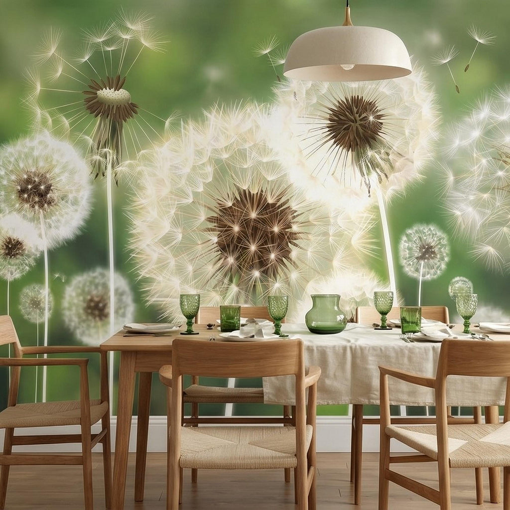 Dandelion Seeds Peel and Stick Wall Mural, Soft Green Nature Background, White Puff Flowers Close Up, Spring Botanical Wallpaper
