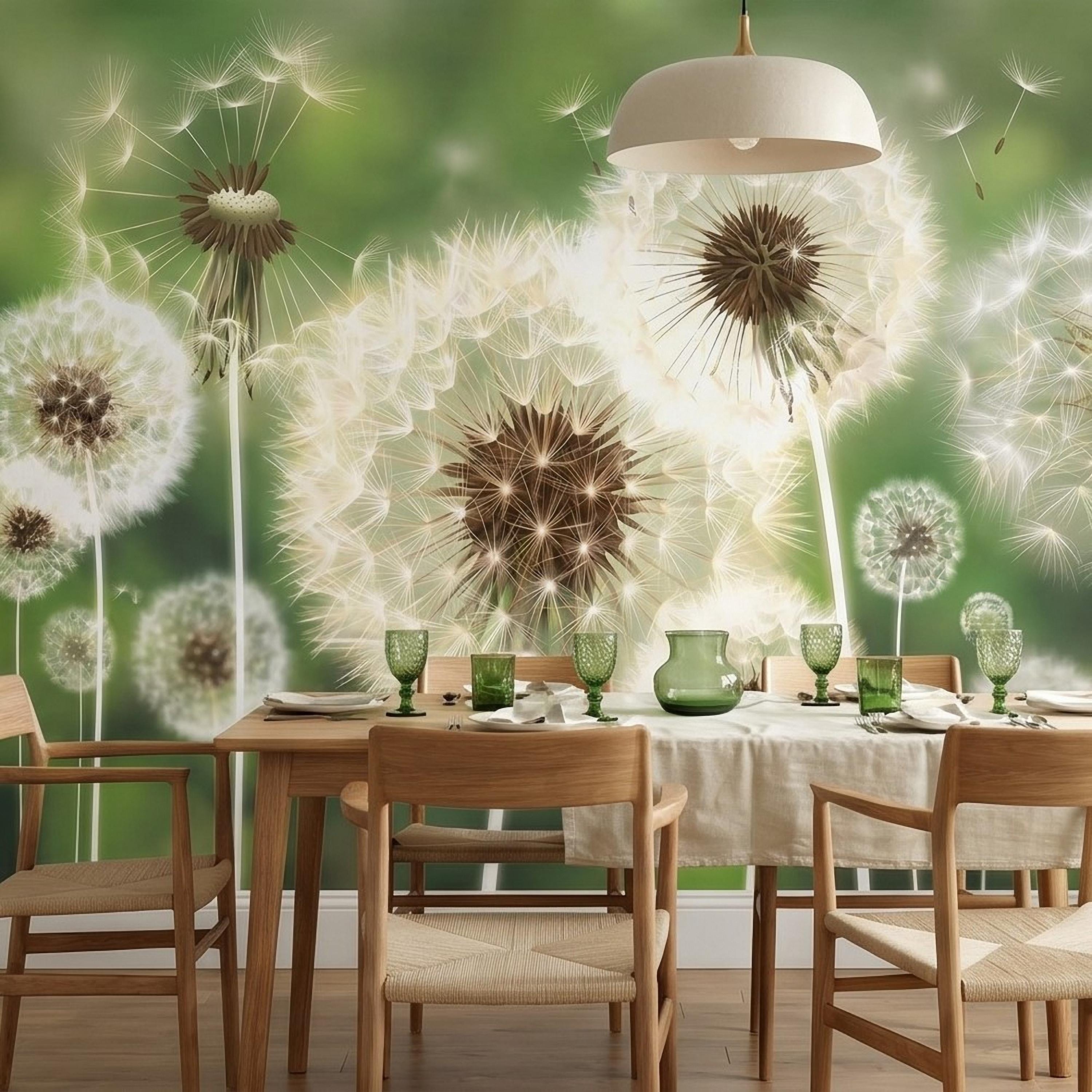 Dandelion Seeds Peel and Stick Wall Mural, Soft Green Nature Background, White Puff Flowers Close Up, Spring Botanical Wallpaper