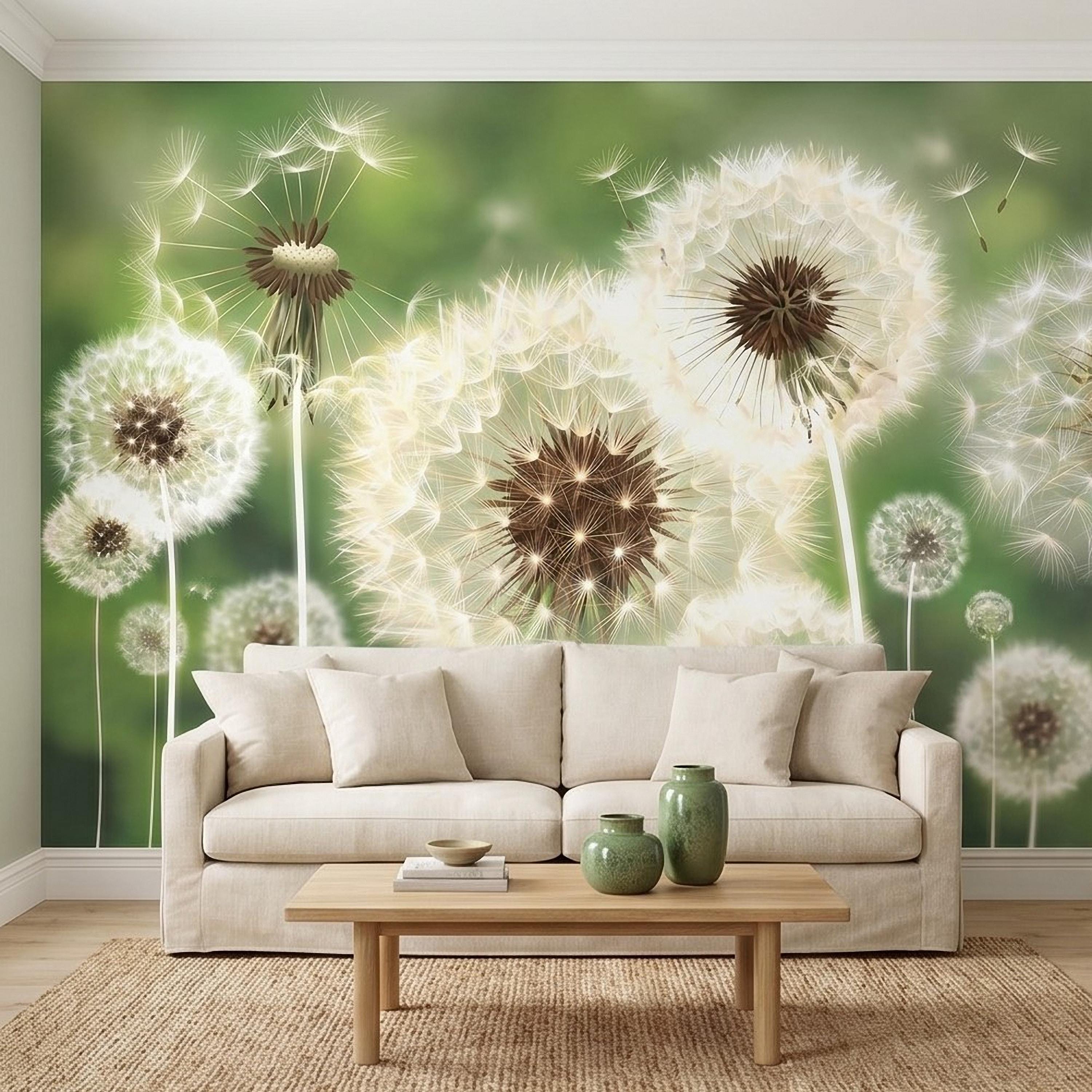 Dandelion Seeds Peel and Stick Wall Mural, Soft Green Nature Background, White Puff Flowers Close Up, Spring Botanical Wallpaper