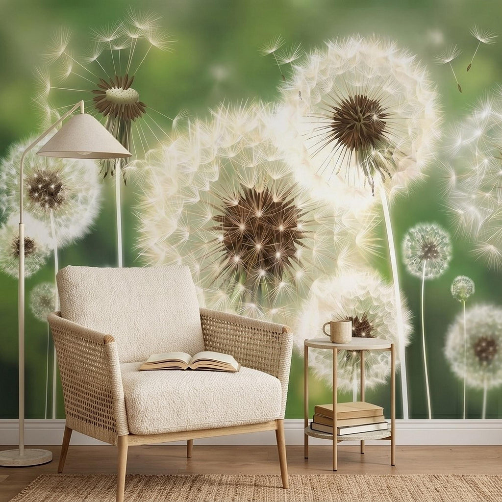 Dandelion Seeds Peel and Stick Wall Mural, Soft Green Nature Background, White Puff Flowers Close Up, Spring Botanical Wallpaper