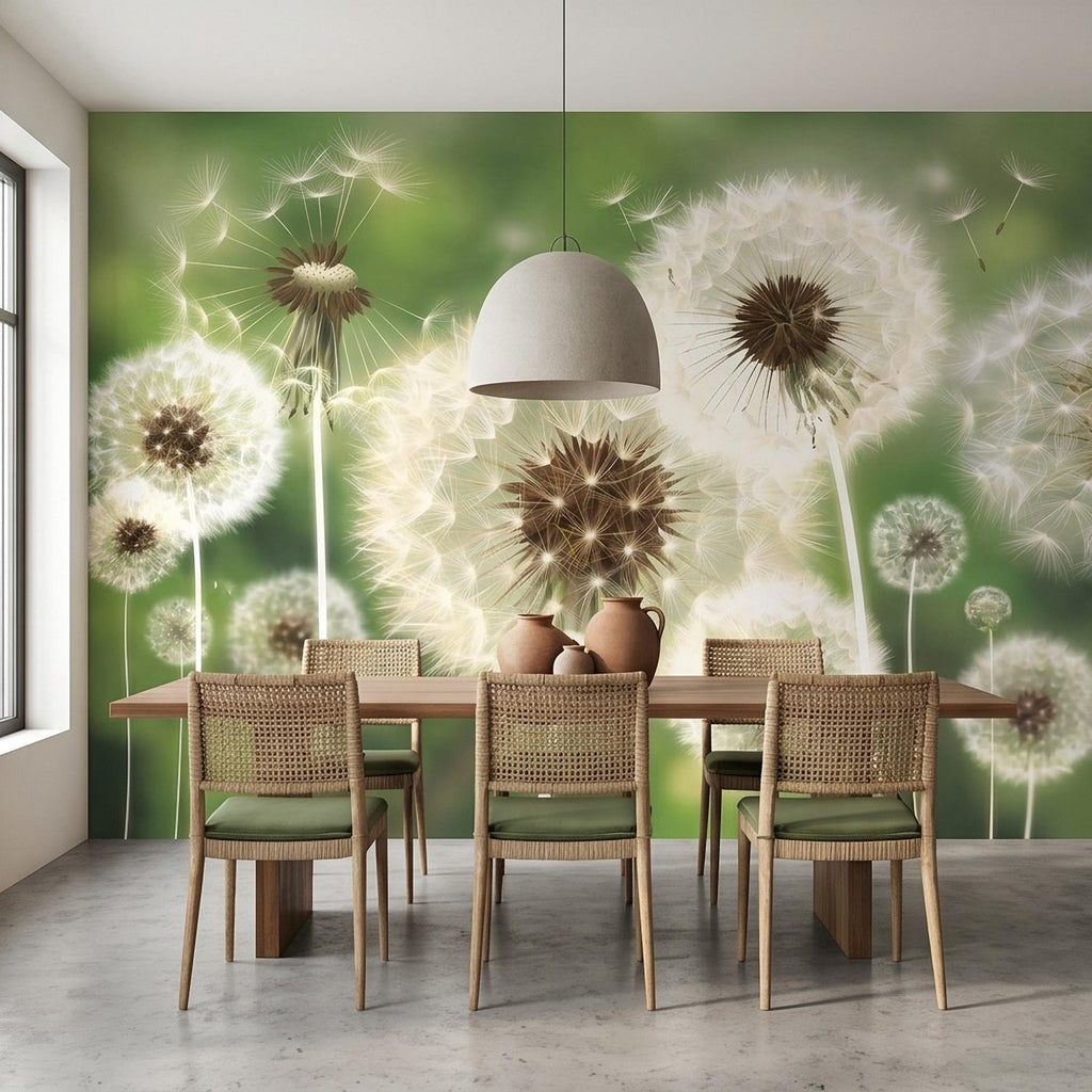 Dandelion Seeds Peel and Stick Wall Mural, Soft Green Nature Background, White Puff Flowers Close Up, Spring Botanical Wallpaper