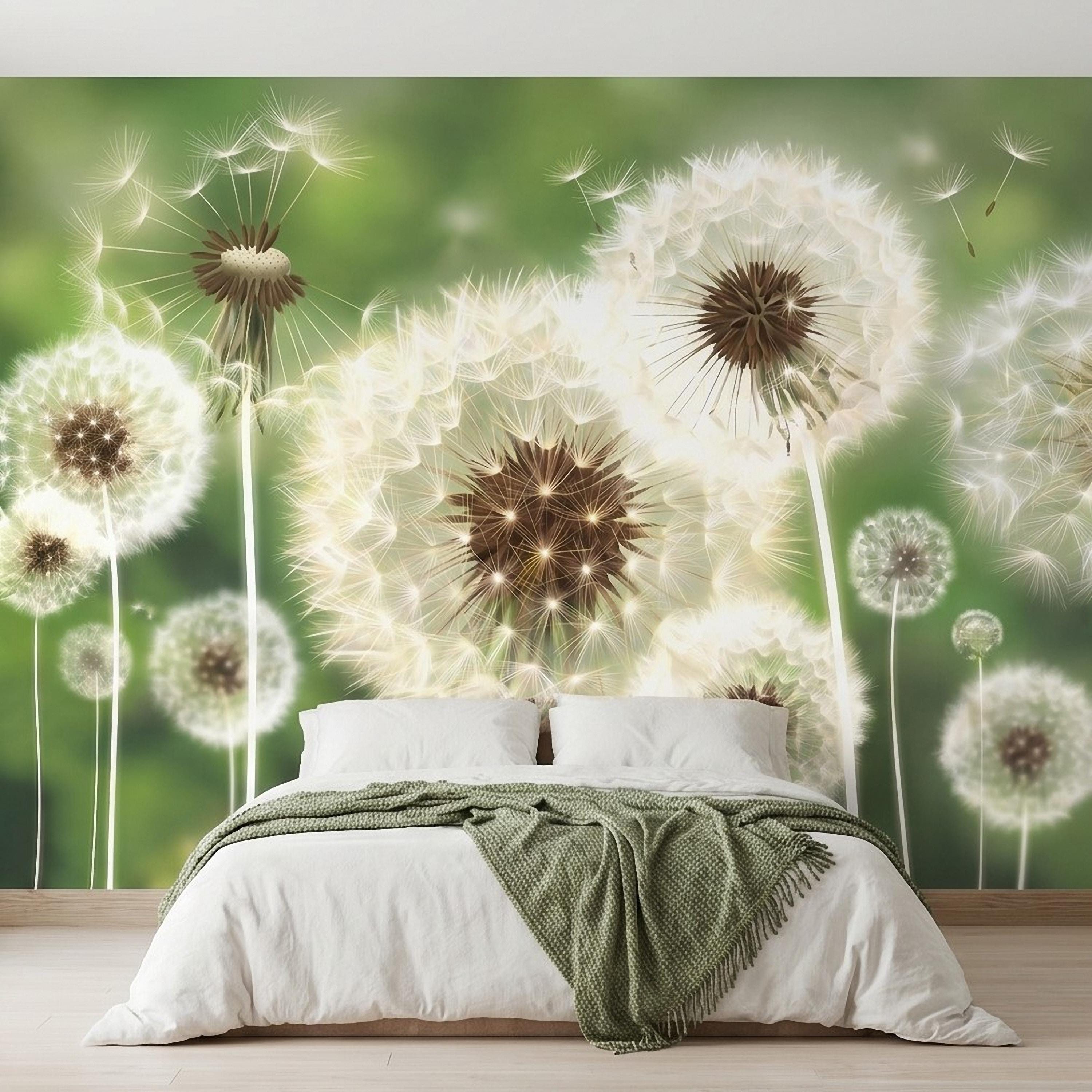 Dandelion Seeds Peel and Stick Wall Mural, Soft Green Nature Background, White Puff Flowers Close Up, Spring Botanical Wallpaper