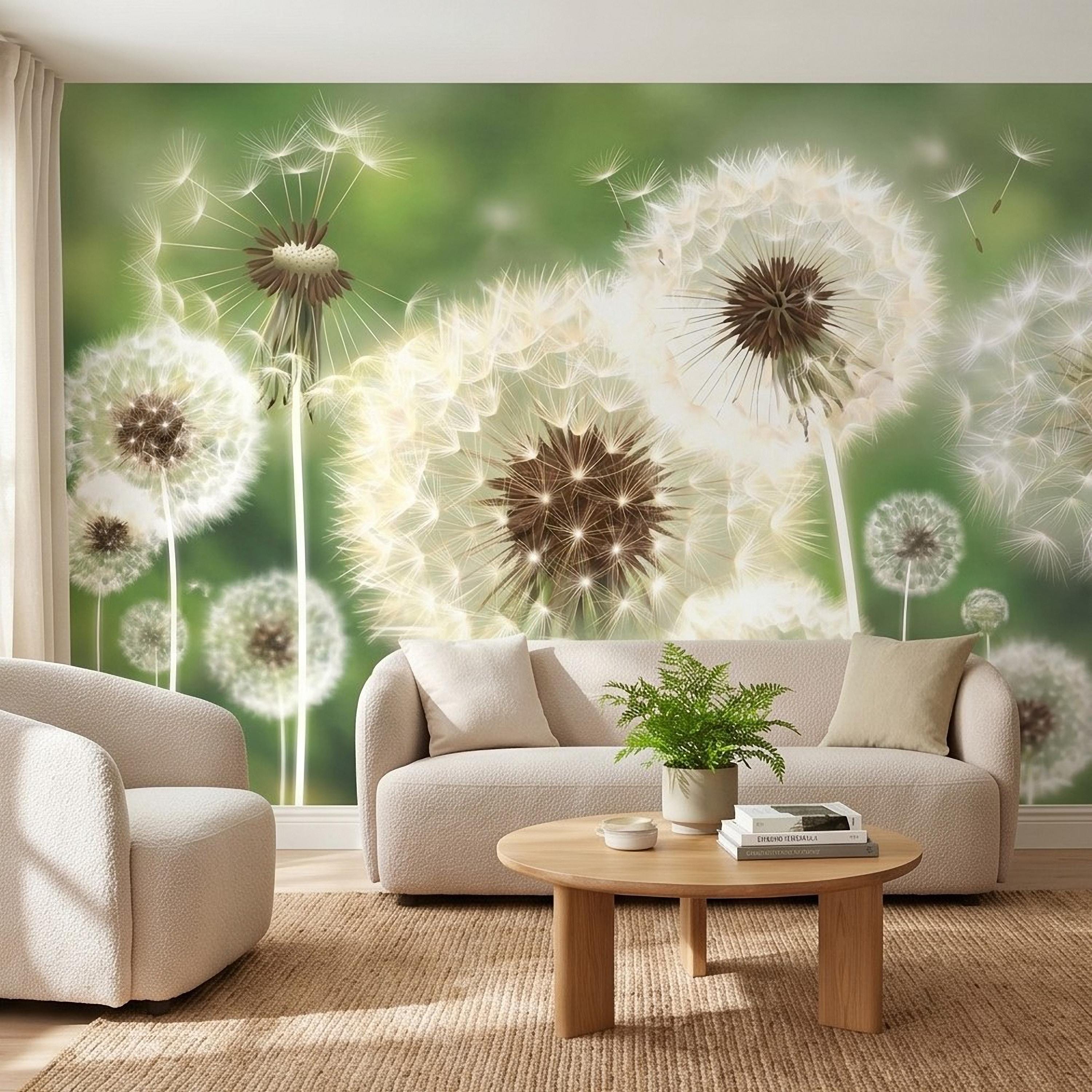 Dandelion Seeds Peel and Stick Wall Mural, Soft Green Nature Background, White Puff Flowers Close Up, Spring Botanical Wallpaper