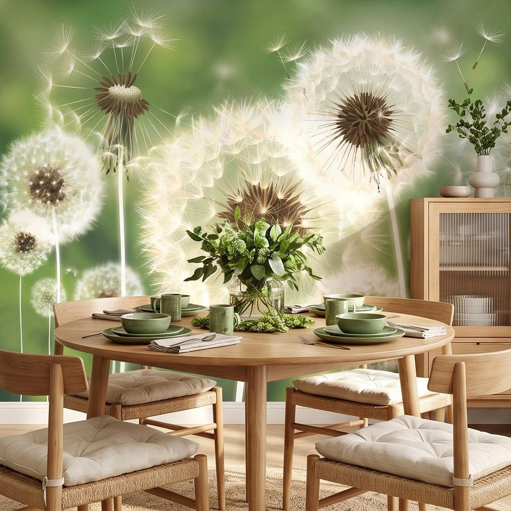 Dandelion Seeds Peel and Stick Wall Mural, Soft Green Nature Background, White Puff Flowers Close Up, Spring Botanical Wallpaper