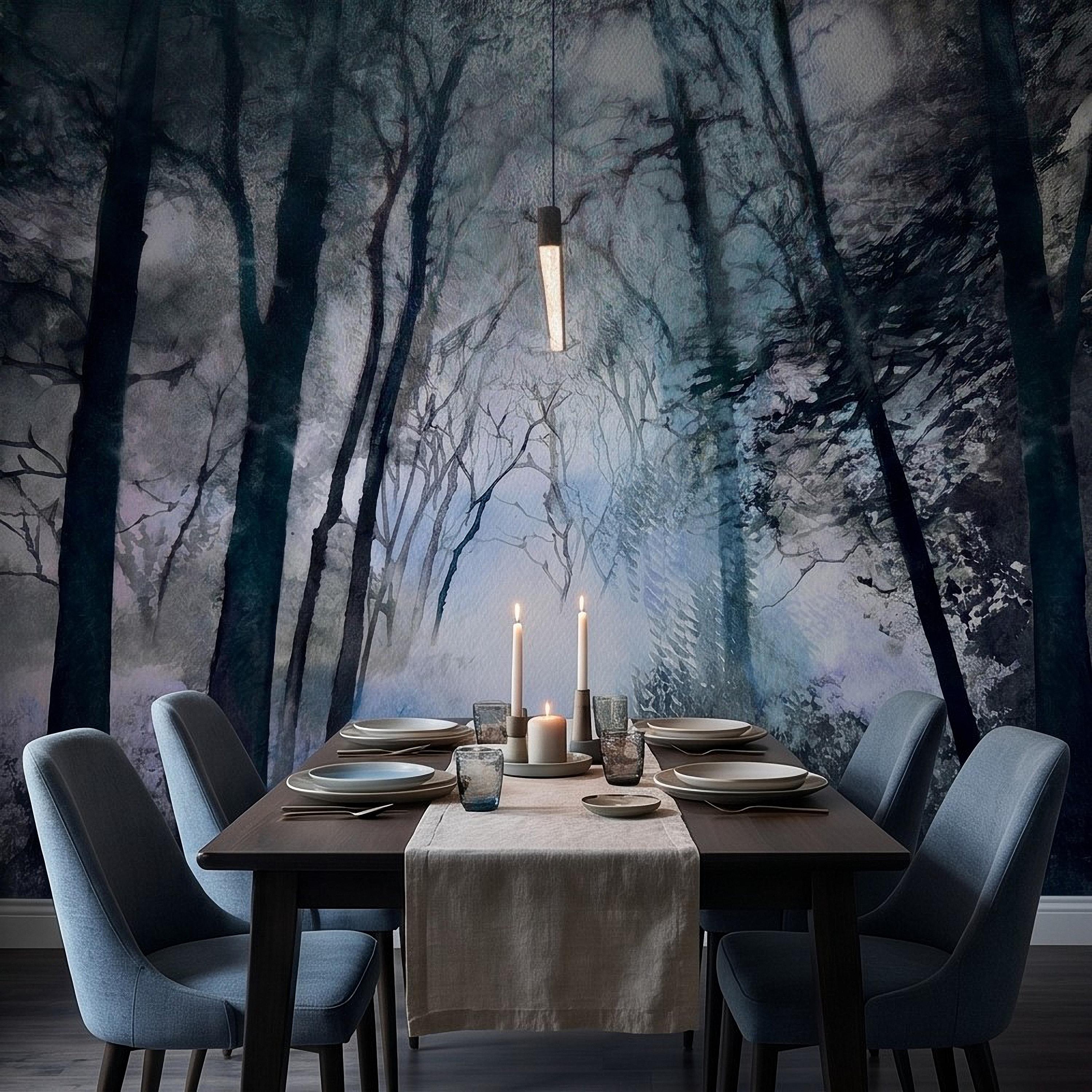 Artistic Watercolor Forest Peel and Stick Wall Mural, Misty Blue Purple Woodland, Ethereal Ink Wash Trees, Moody Abstract Nature Wallpaper