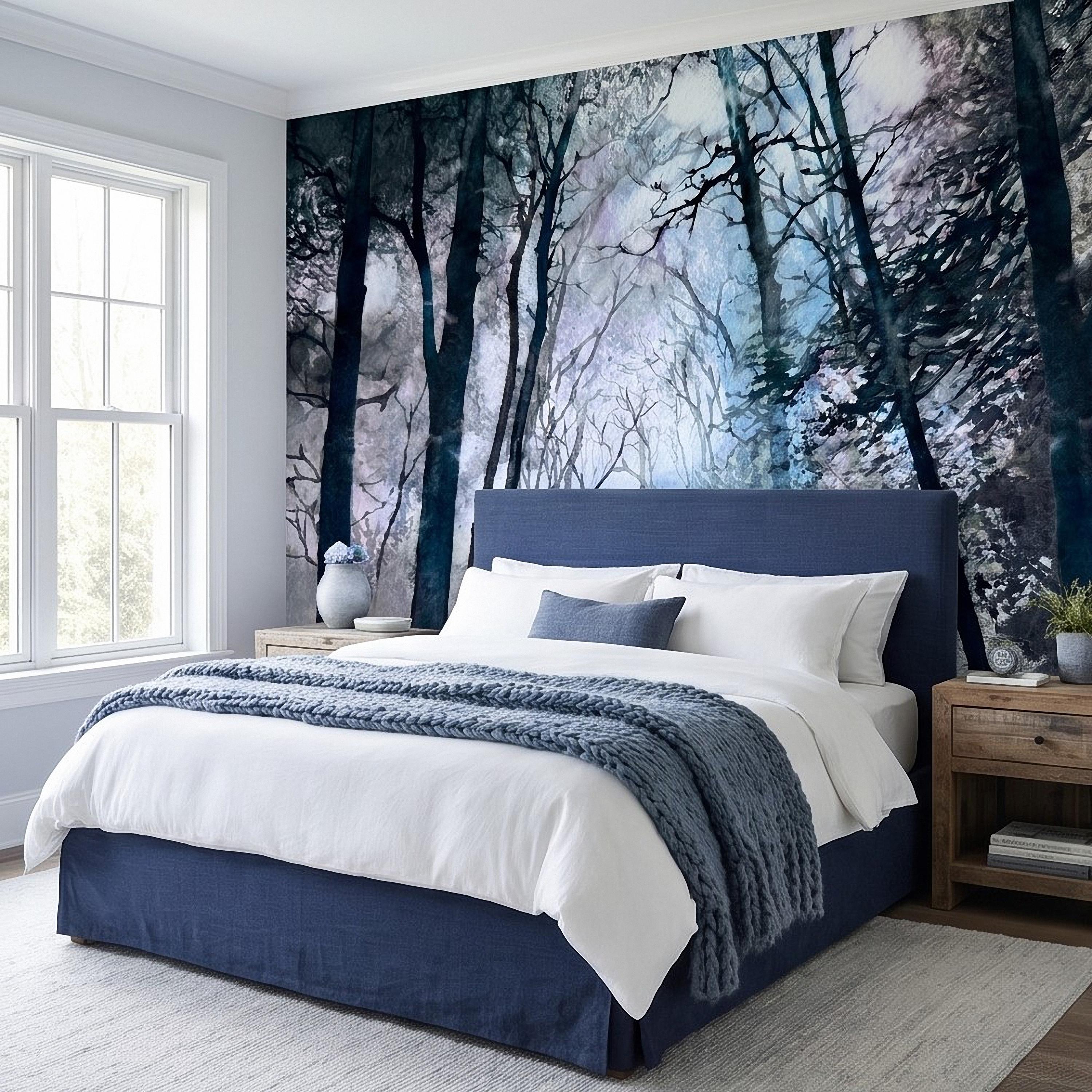 Artistic Watercolor Forest Peel and Stick Wall Mural, Misty Blue Purple Woodland, Ethereal Ink Wash Trees, Moody Abstract Nature Wallpaper