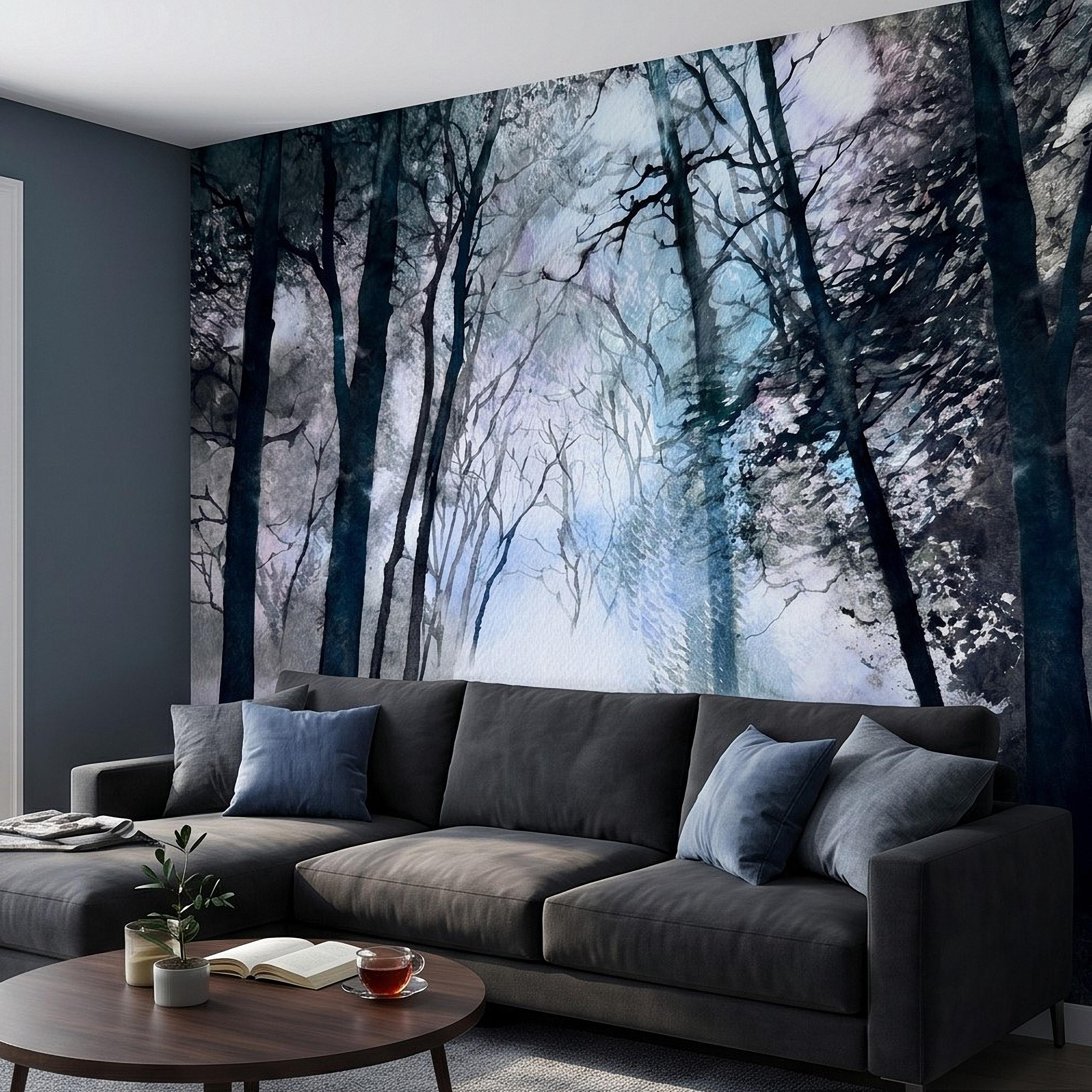 Artistic Watercolor Forest Peel and Stick Wall Mural, Misty Blue Purple Woodland, Ethereal Ink Wash Trees, Moody Abstract Nature Wallpaper
