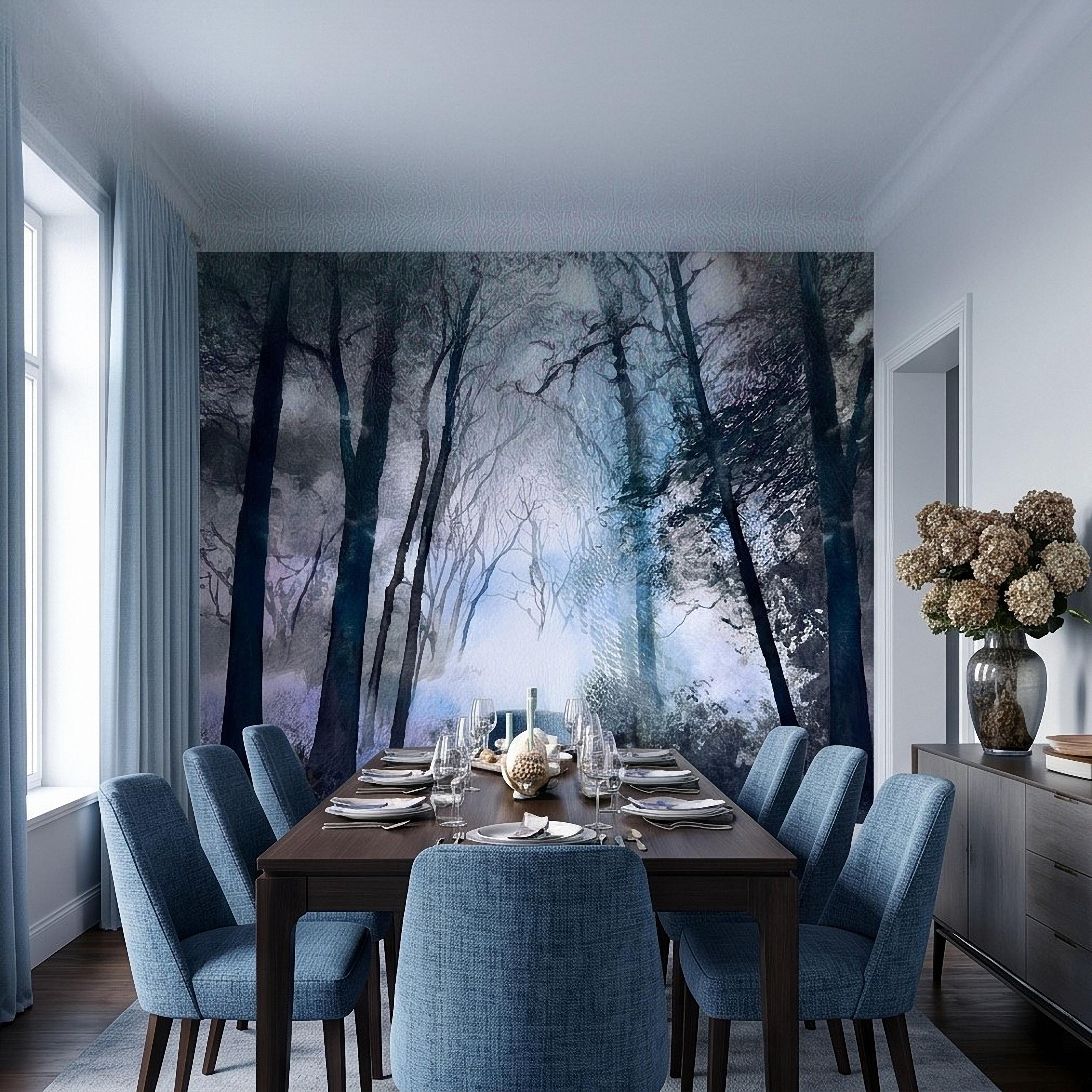 Artistic Watercolor Forest Peel and Stick Wall Mural, Misty Blue Purple Woodland, Ethereal Ink Wash Trees, Moody Abstract Nature Wallpaper