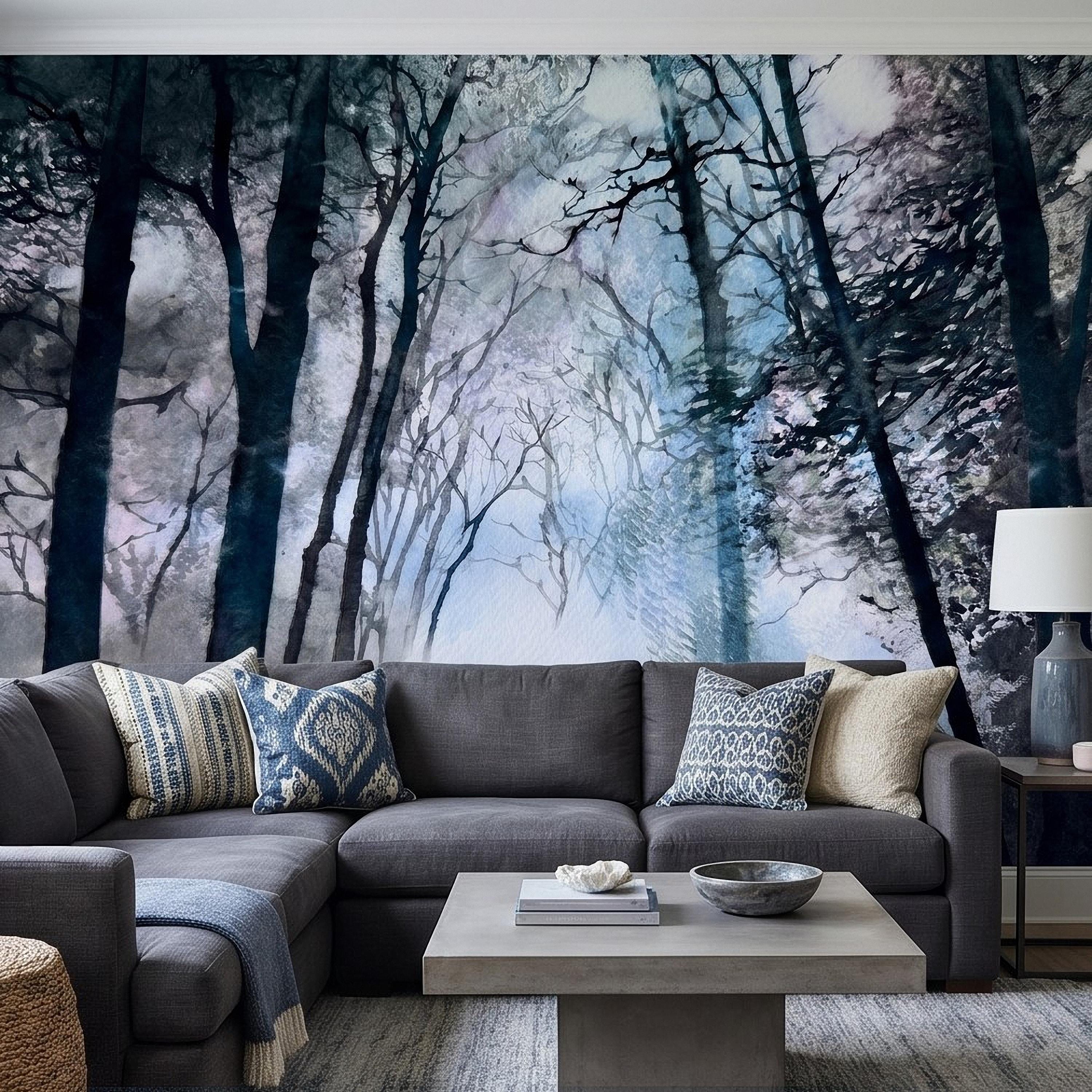Artistic Watercolor Forest Peel and Stick Wall Mural, Misty Blue Purple Woodland, Ethereal Ink Wash Trees, Moody Abstract Nature Wallpaper