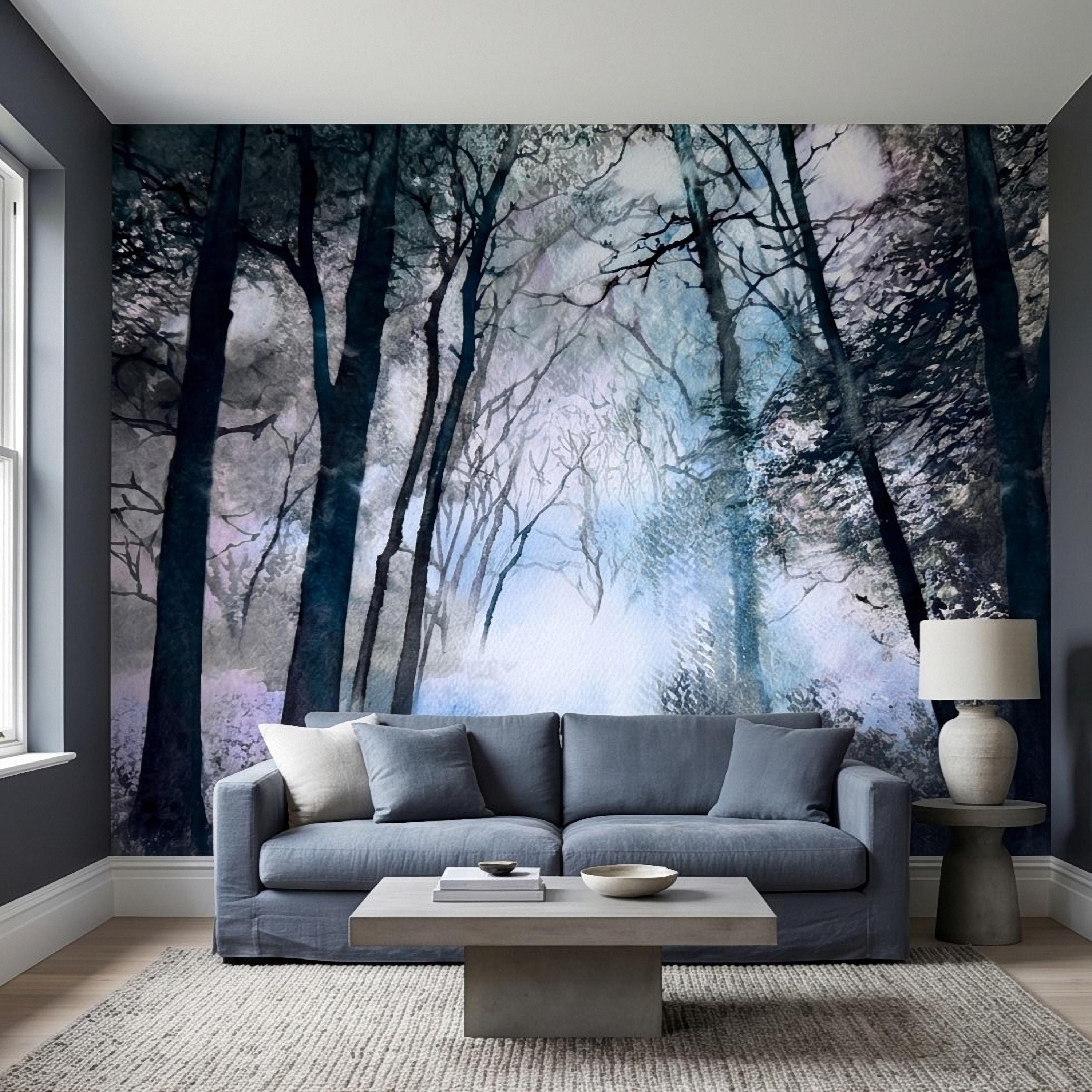 Artistic Watercolor Forest Peel and Stick Wall Mural, Misty Blue Purple Woodland, Ethereal Ink Wash Trees, Moody Abstract Nature Wallpaper