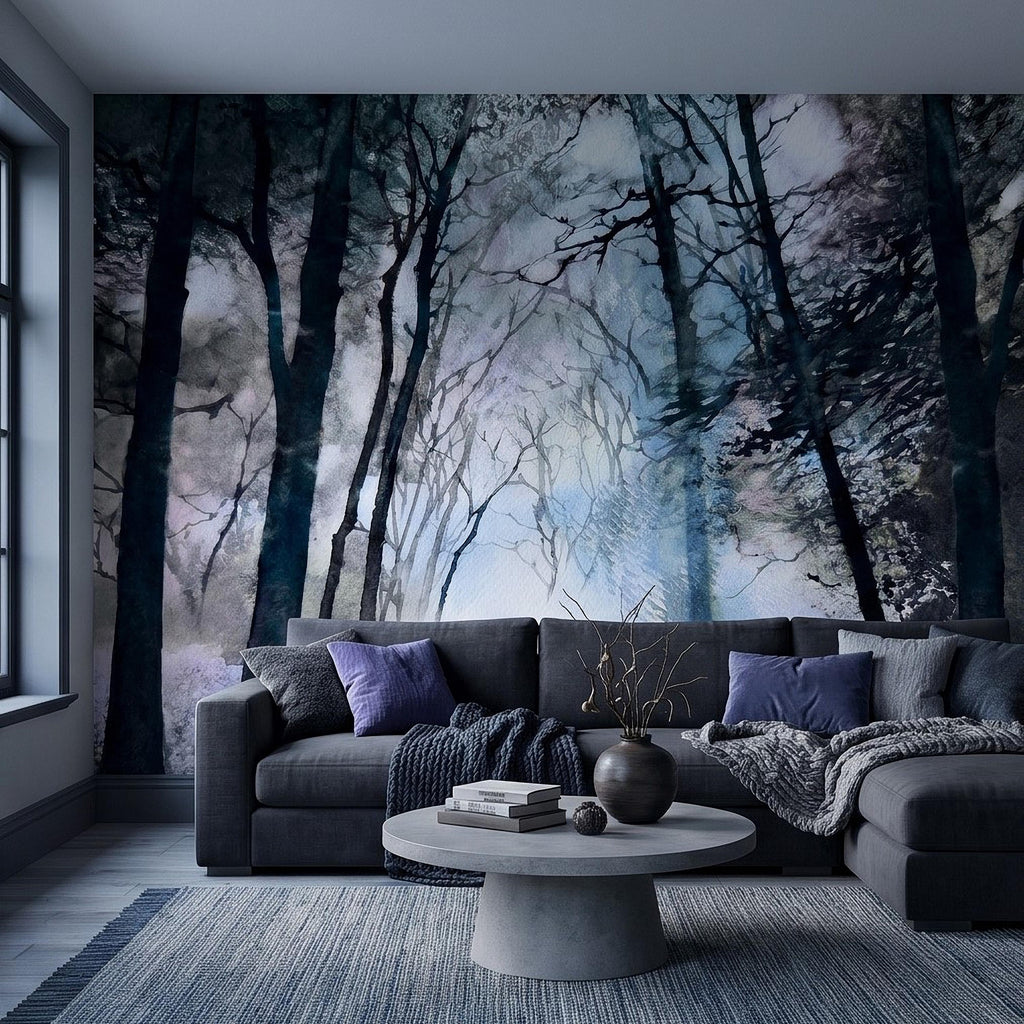 Artistic Watercolor Forest Peel and Stick Wall Mural, Misty Blue Purple Woodland, Ethereal Ink Wash Trees, Moody Abstract Nature Wallpaper