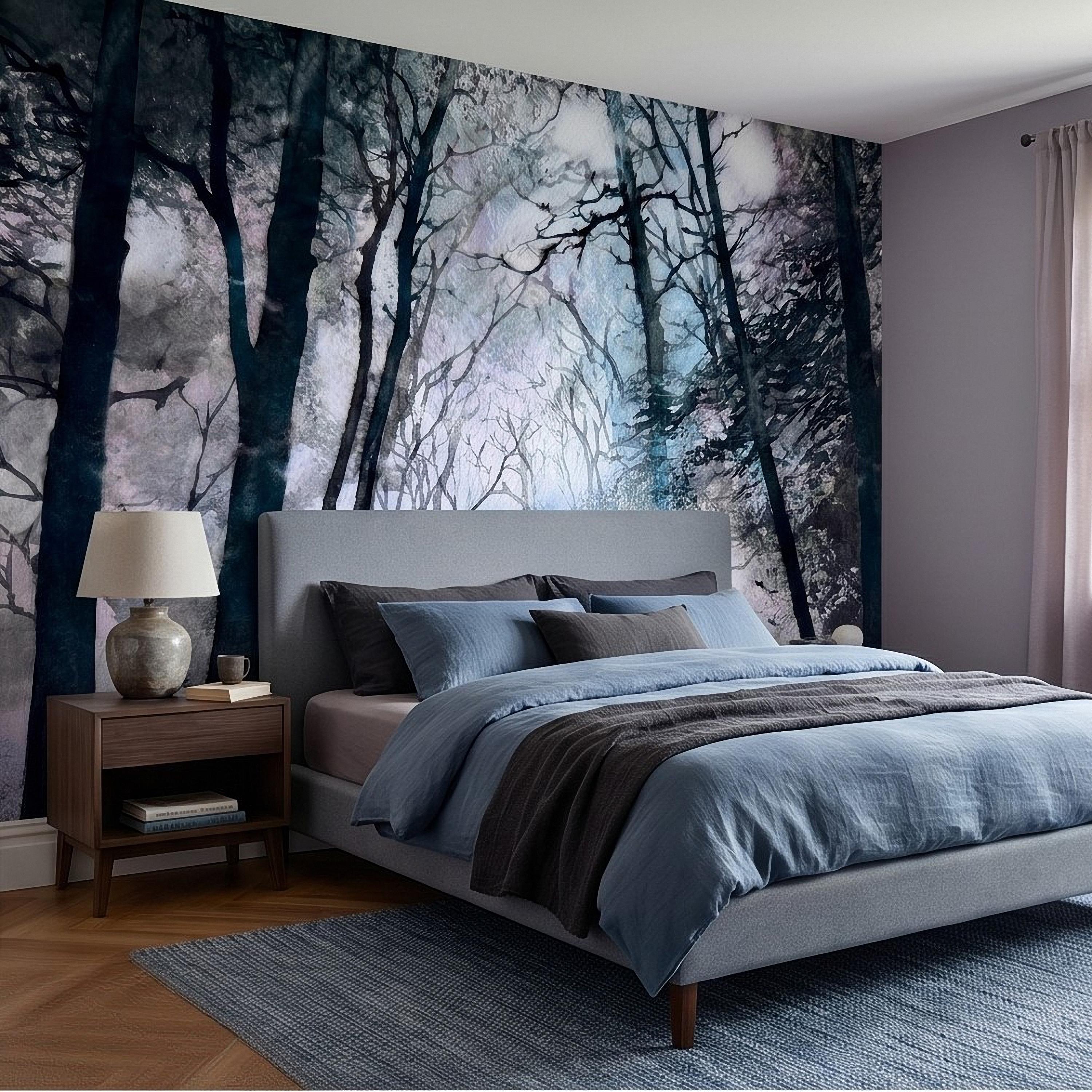 Artistic Watercolor Forest Peel and Stick Wall Mural, Misty Blue Purple Woodland, Ethereal Ink Wash Trees, Moody Abstract Nature Wallpaper