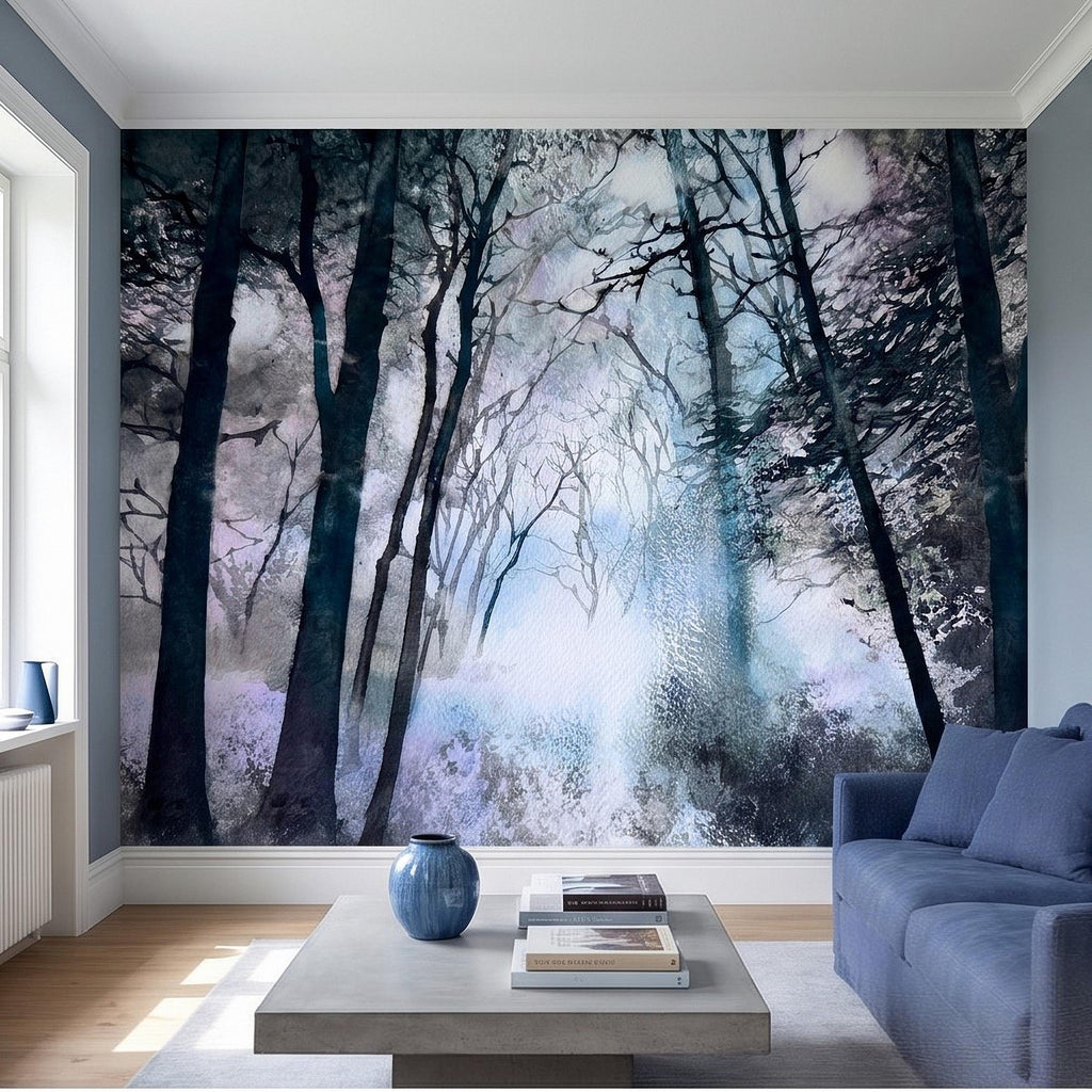 Artistic Watercolor Forest Peel and Stick Wall Mural, Misty Blue Purple Woodland, Ethereal Ink Wash Trees, Moody Abstract Nature Wallpaper