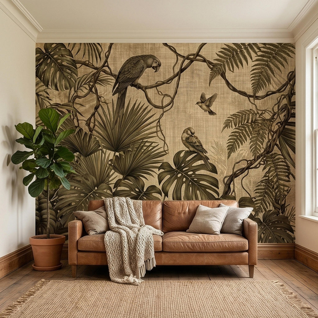 Tropical Birds and Monstera Peel and Stick Wall Mural Vintage Parrot Jungle Leaves Fern Vine, Neutral Sepia Linen Botanical Toile Wallpaper