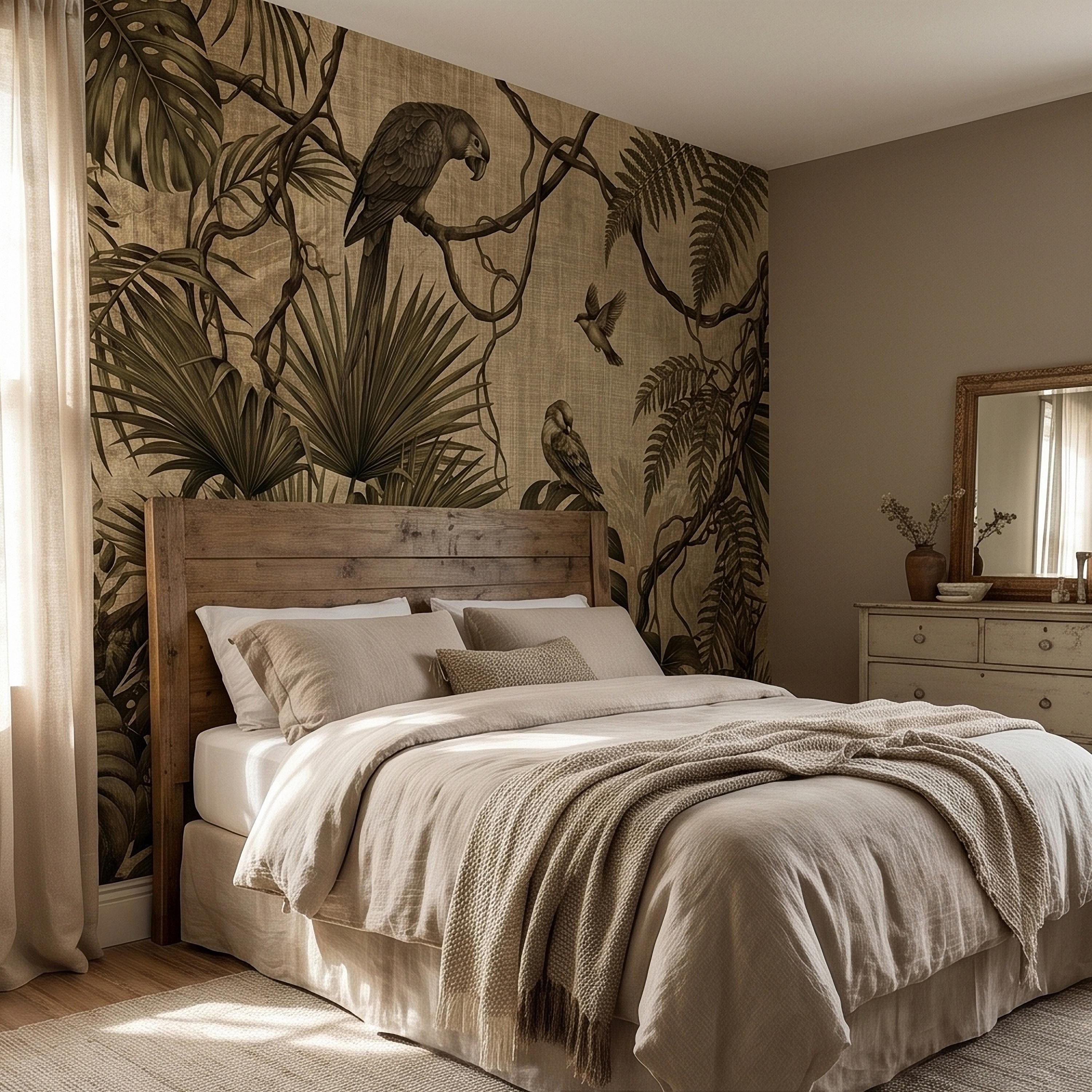 Tropical Birds and Monstera Peel and Stick Wall Mural Vintage Parrot Jungle Leaves Fern Vine, Neutral Sepia Linen Botanical Toile Wallpaper
