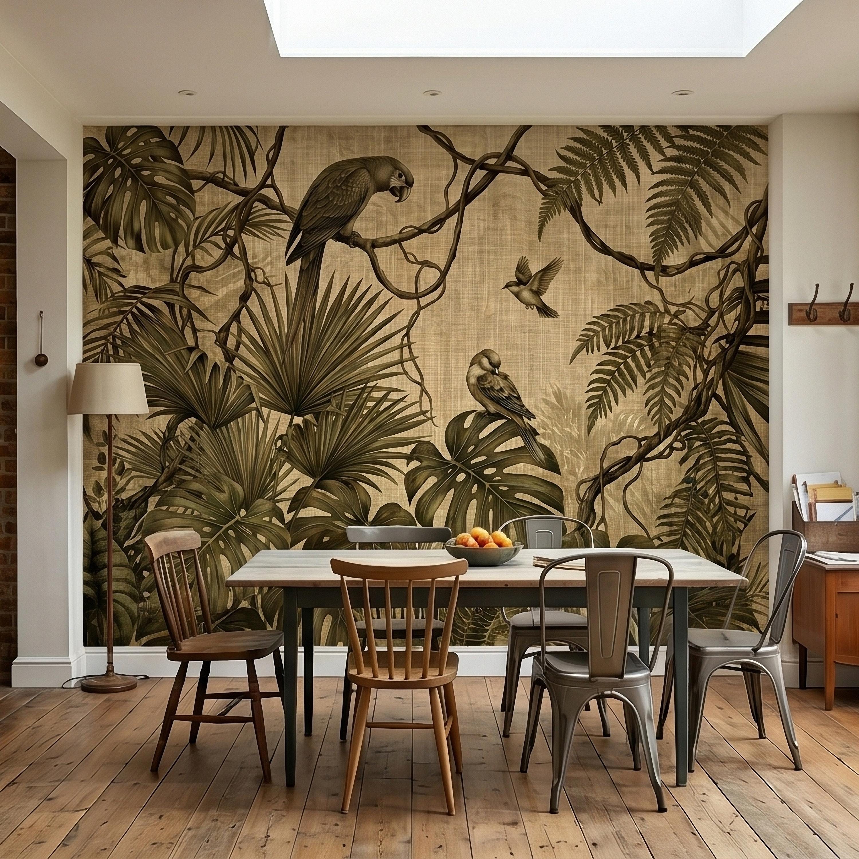 Tropical Birds and Monstera Peel and Stick Wall Mural Vintage Parrot Jungle Leaves Fern Vine, Neutral Sepia Linen Botanical Toile Wallpaper