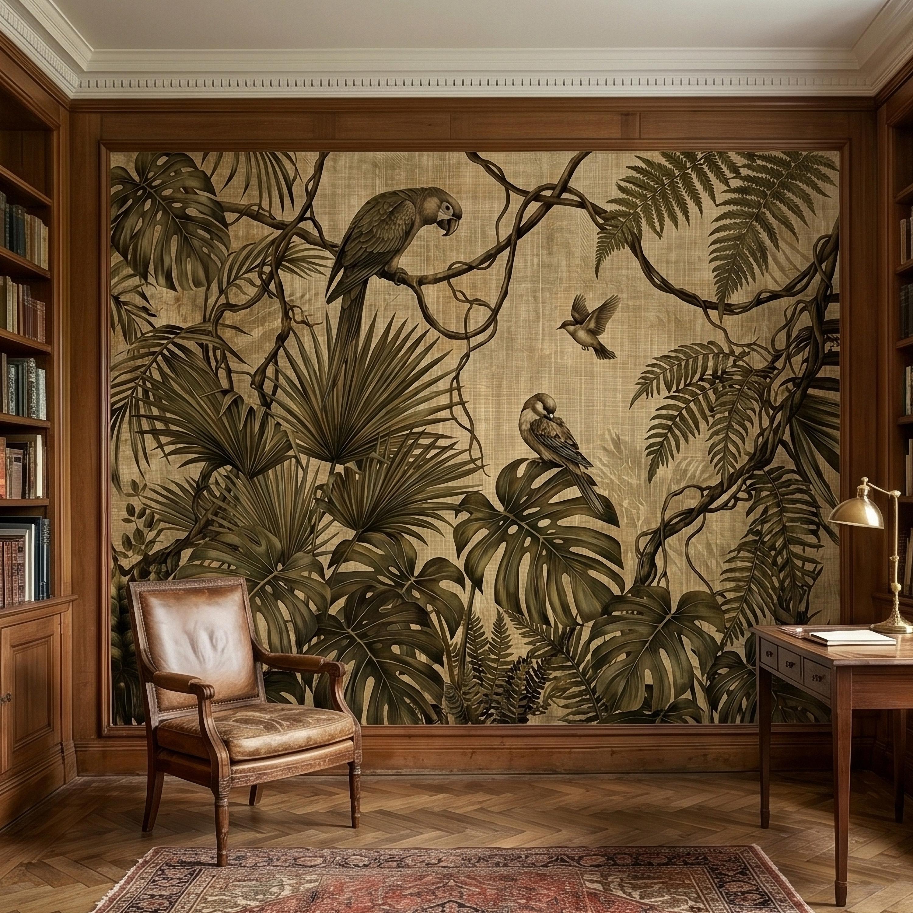 Tropical Birds and Monstera Peel and Stick Wall Mural Vintage Parrot Jungle Leaves Fern Vine, Neutral Sepia Linen Botanical Toile Wallpaper