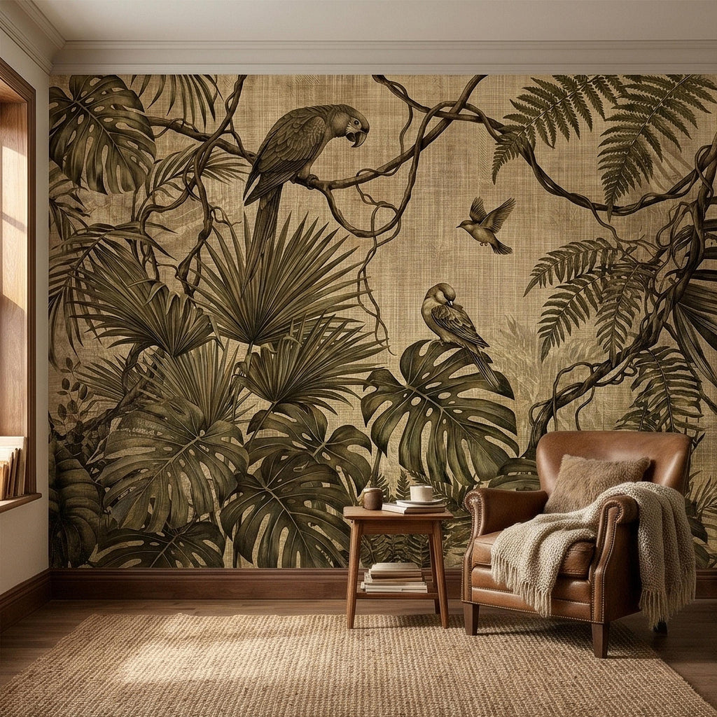 Tropical Birds and Monstera Peel and Stick Wall Mural Vintage Parrot Jungle Leaves Fern Vine, Neutral Sepia Linen Botanical Toile Wallpaper